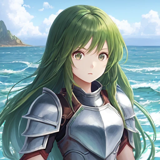 mana_sk, 1girl, solo, warrior, sea in background, long hair, green hair, portrait, looking at the viewer, ( focus on face:1.2), surprised, armor, <lora:Mana2:1>