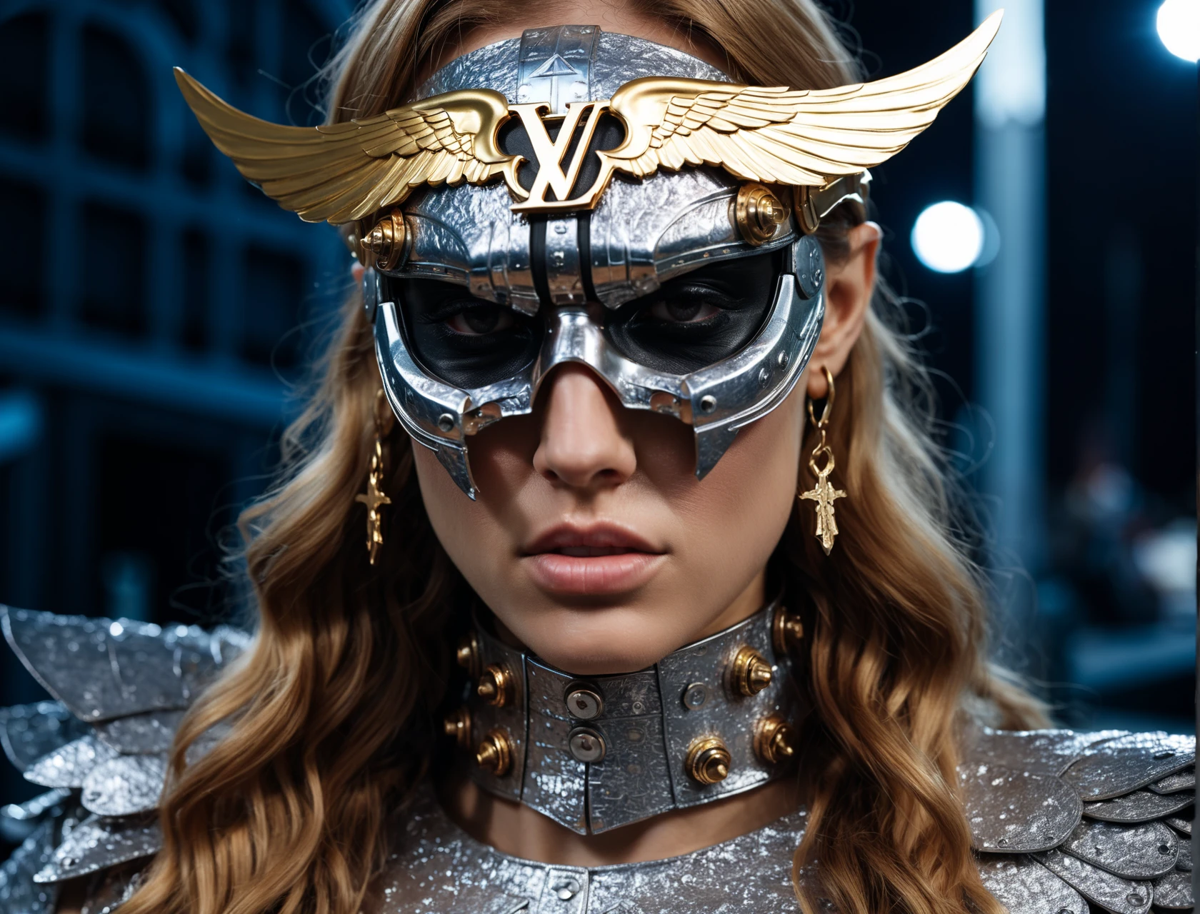 [dew|ether] close-up portrait of an evil valkyrie model styled by louis vuitton, at night