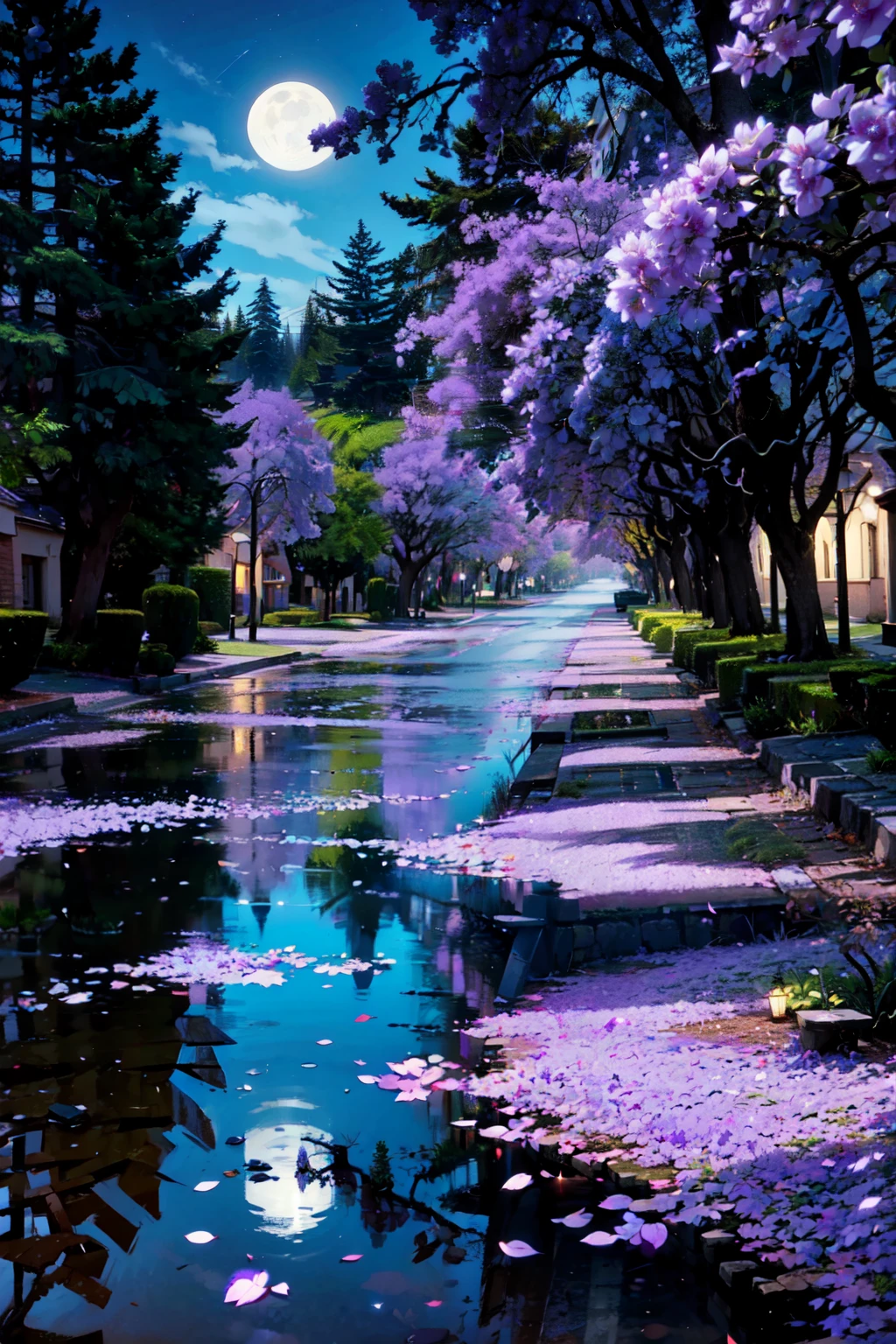 ((masterpiece,best quality)), absurdres,   <lora:Purple_Flower_Tree_Street:0.8>,   Purple Flower Tree Street, night, moon, candles, scenery, water, reflection,