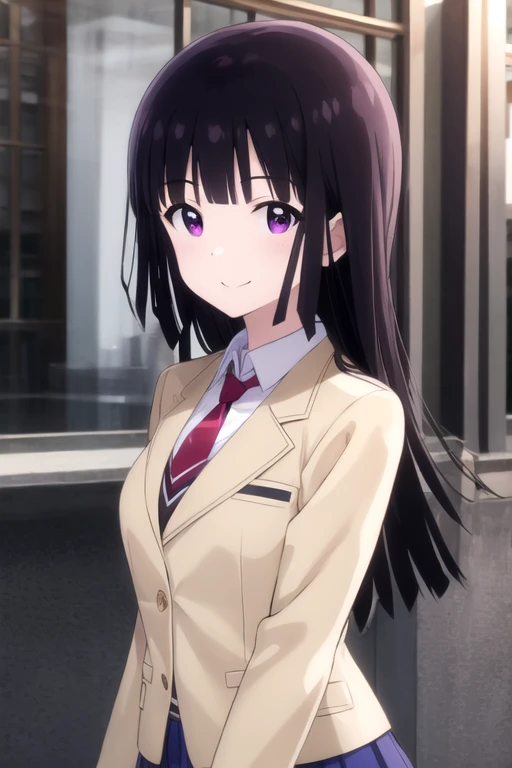 ((masterpiece)),(best quality),official art,extremely delicate and beautiful,extremely detailed CG,unity 8k wallpaper,ultra detailed,beautiful detailed eyes,extremely detailed face,outdoors,1girl,solo,upper body,(portrait:1.5),looking at viewer,facing viewer,smile,long hair,black hair,hime cut,blunt bangs,purple eyes,blazer,beige jacket,wing collar,buttons,red necktie,collared shirt,white shirt,long sleeves,medium breasts,miniskirt,blue skirt,pleated skirt,black socks,loafers,<lora:Mitsuki Kanzaki(rmsiu)>,