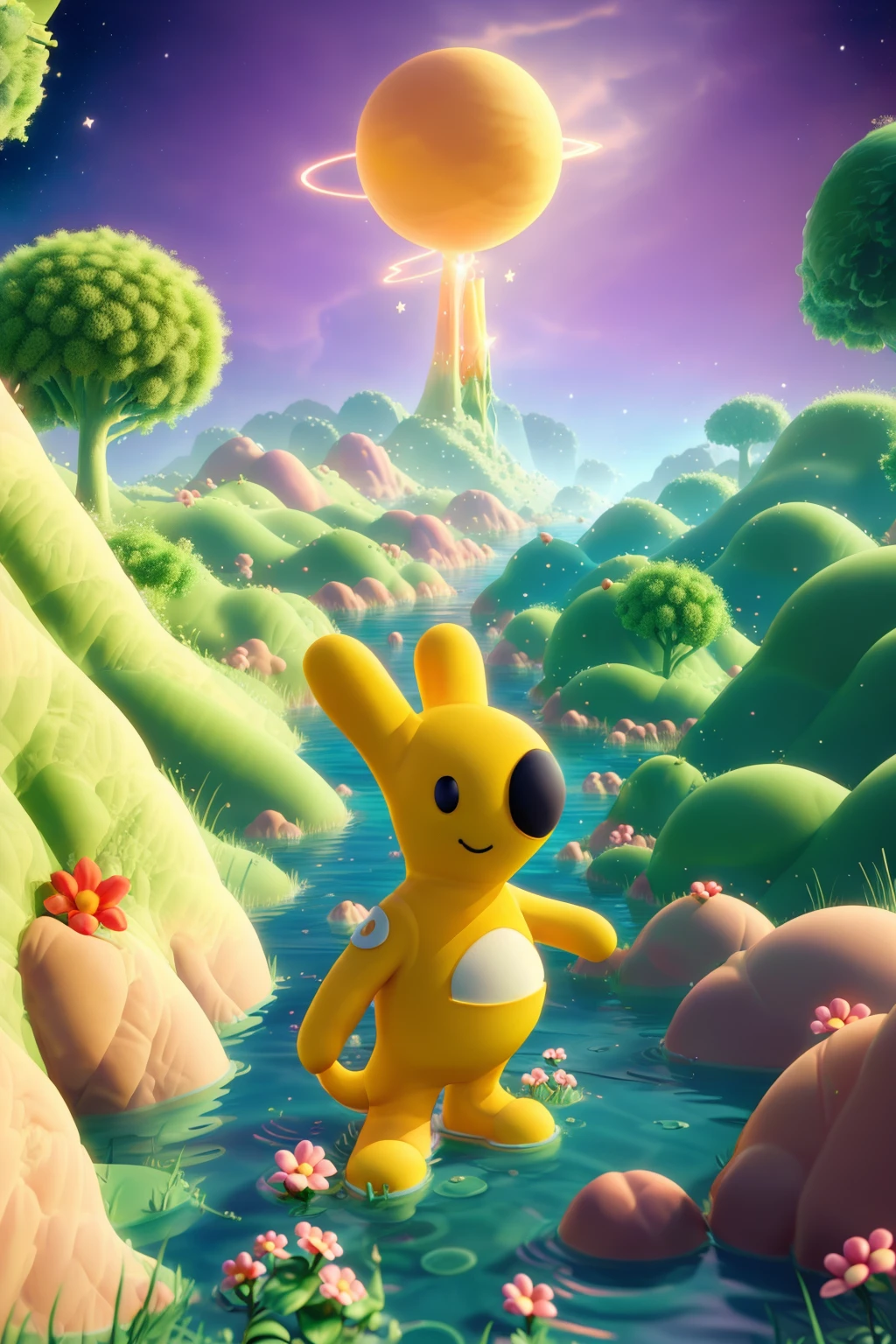 tuantuan,solo,full body,smile,standing,A small orange fluffy alien floating in the water,next to an astronaut with long hair and white helmet standing on land,beside a bioluminescent lake. A giant glowing star shaped flower plant growing above them in an unreal fantasy planet landscape with tall grasses and plants. This scene was rendered with Unreal Engine 5 and Octane Render,<lora:meituan1.5:0.8>,<lora:3Dpaiduiyouxikv1.5:0.6>,