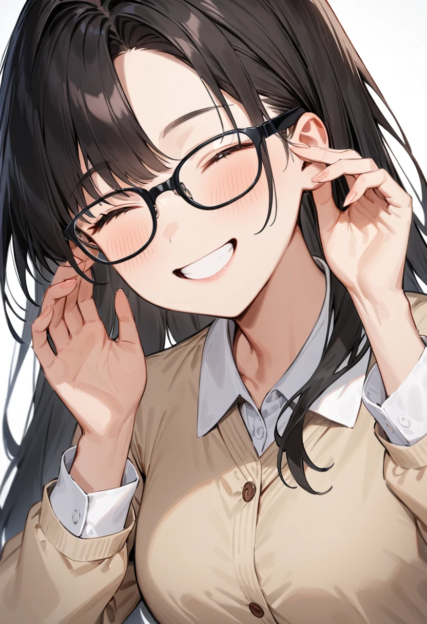 masterpiece, best quality, very aesthetic, absurdres, 
1girl, solo, black hair, long hair,
Wellington22A, glasses, black-framed eyewear,
collared shirt, happy, smile, looking at another, adjusting eyewear, white background, simple background, 
 <lora:glasses_Wellington_cellframe1_SDXL_V1:0.8>