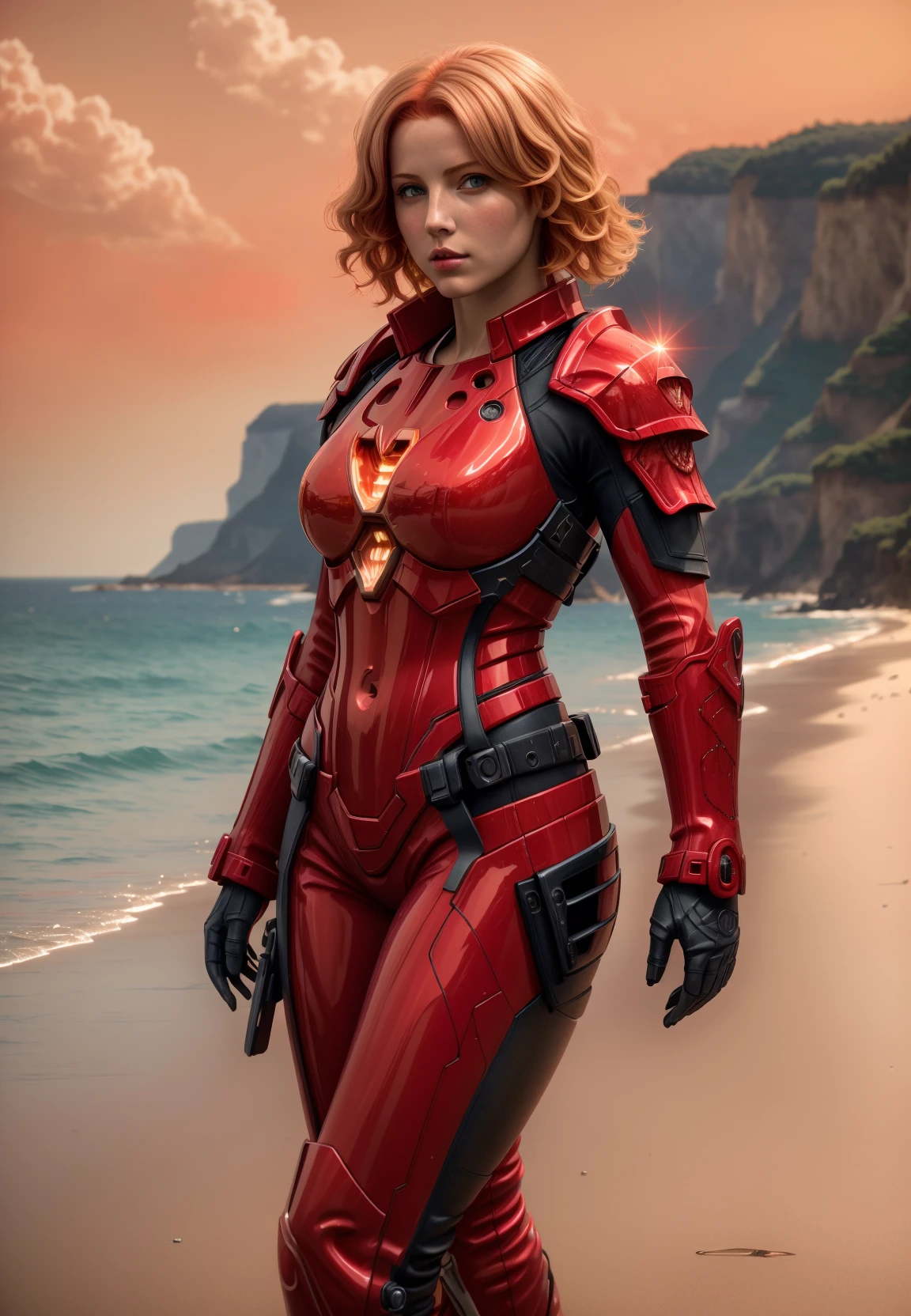 HDRI, photorealistic 8k raw photography, (female in Cherry Red hdsrmr:1.3), short hair, (strawberry blonde french crop:1.2), Intricate details, thin physique, Enhanced reflection, Dynamic stance, Fiery aura, Insane color palette, Aerial Views of Ocean Cliffs background full of busy people, Shimmering reflections, Mysterious lighting, Intriguing setting <lora:Armor from HaDeS v8.0 SD1.5:0.7>