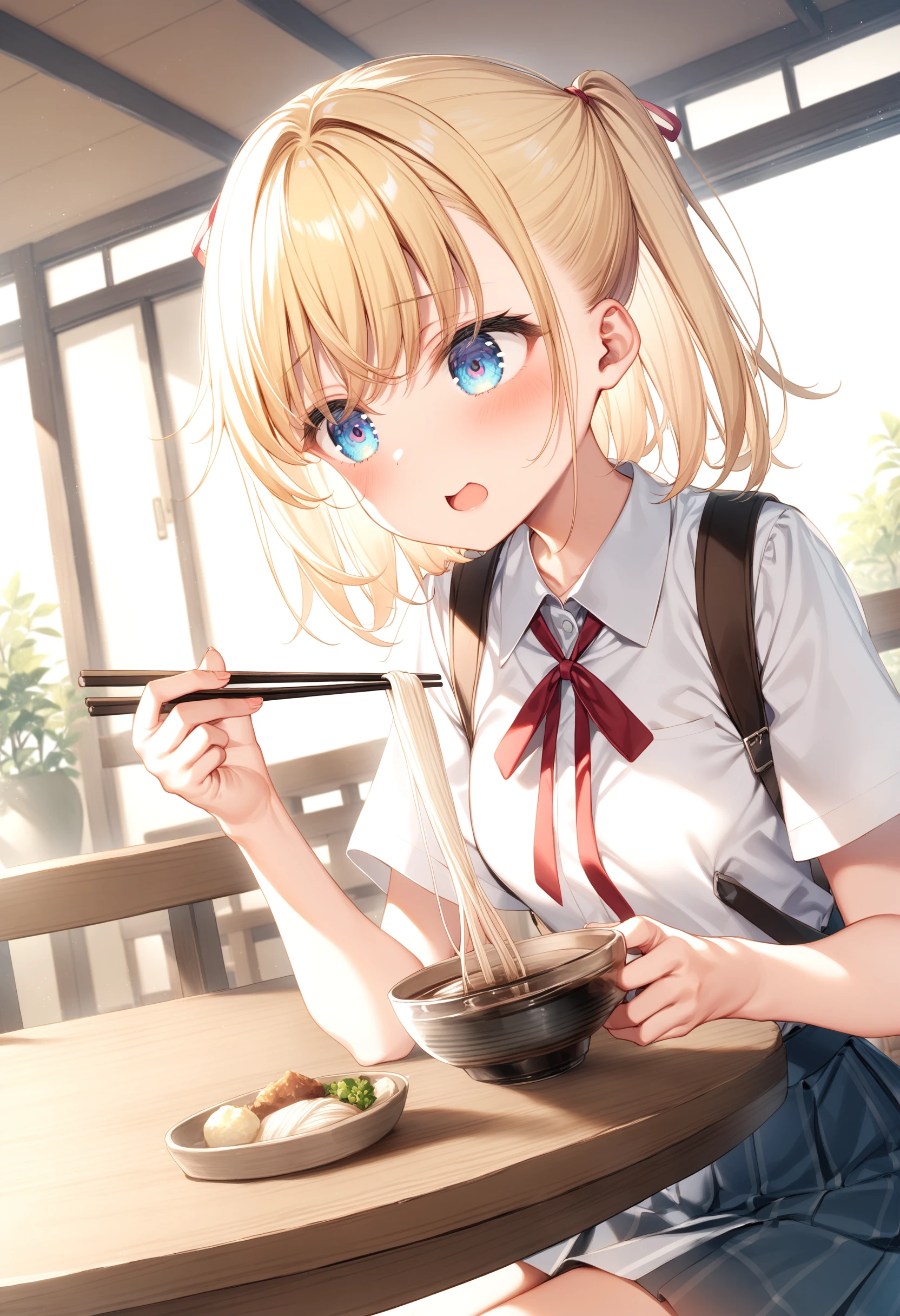 1girl, sincos, ningen mame, toosaka asagi,<lora:sdxl2-flat2-512b:-1>,medium breasts,school uniform, short sleeves, blonde hair, blue eyes,
soumen, chopsticks, food, eating, noodles, holding bowl, sitting,day, table, indoors, <lora:soumen_XL_v1:0.8>
ceiling, fisheye lens, looking to the side, confused, open mouth,
masterpiece,best quality, very aesthetic, absurdres,