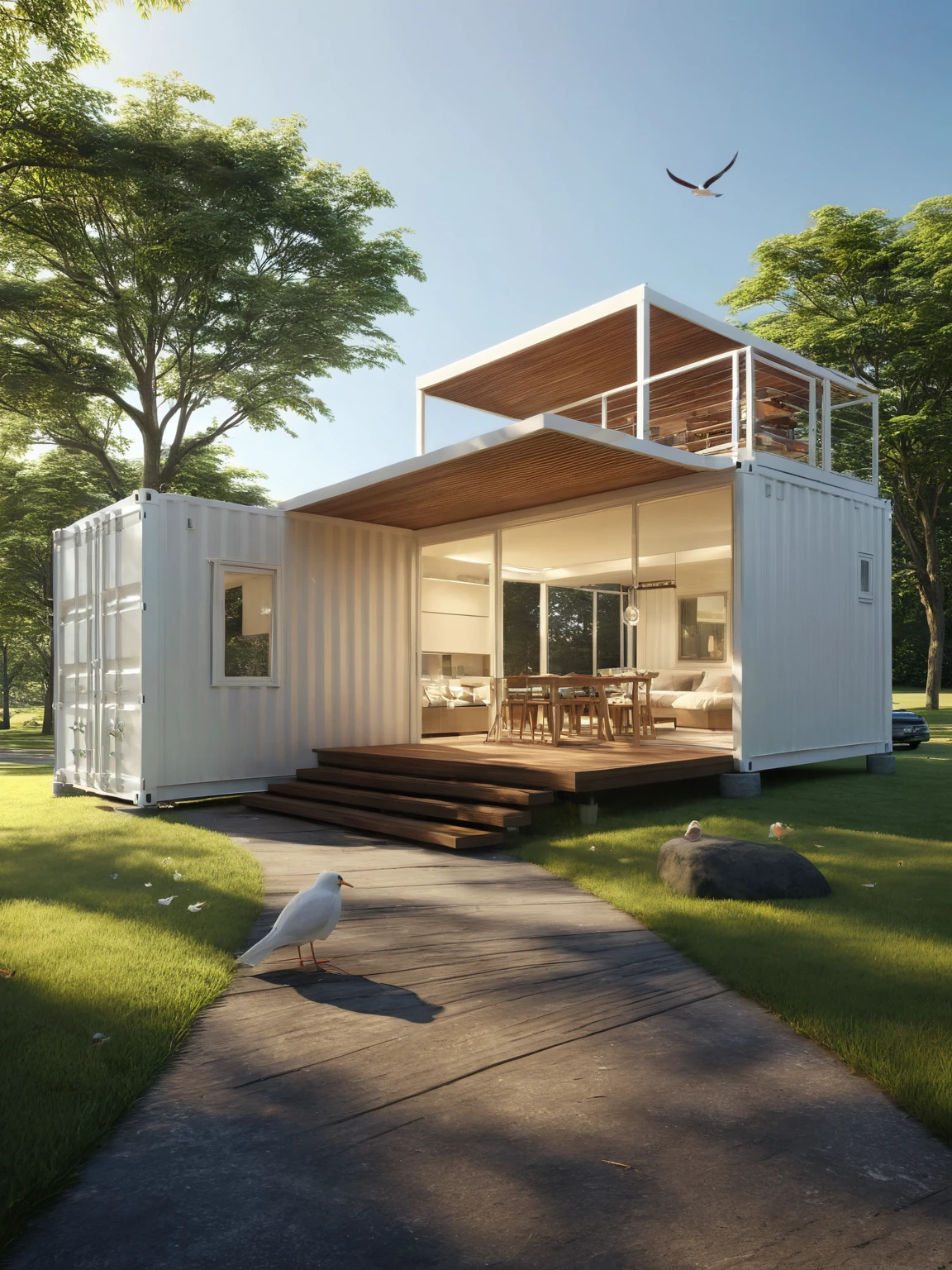 <lora:JJsContainerHouse_XL:.8>,   ((Container House)), ((masterpiece)), ((best quality)), scenery, real world location,  realistic,  high detailed, , soft lighting, clear sky, road, lawn, (white),bird, sunshine, car, wood,