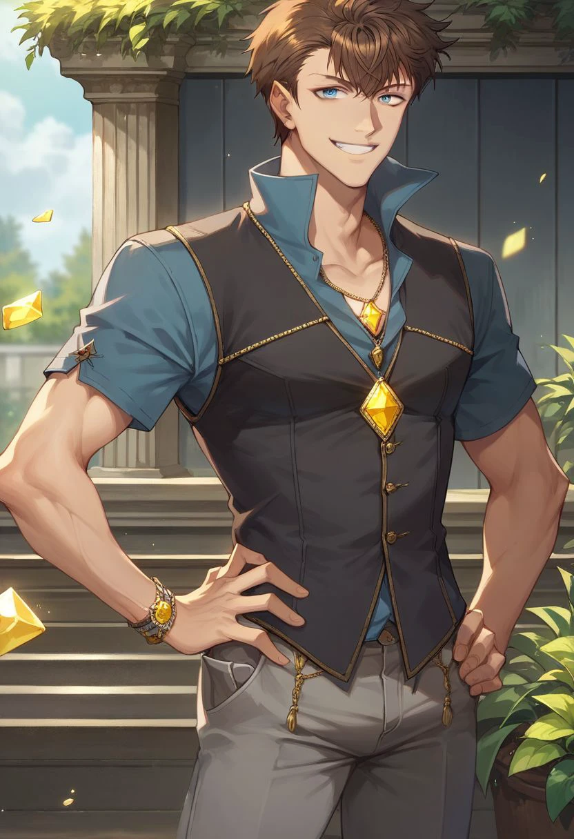 score_9, score_8_up, score_7_up, 
1boy, solo, adult, brown hair, blue eyes, black simple vest, blue shirt, yellow gem necklace, grey pants, hands on hip, nori, smile, looking at viewer,
masterpiece, best quality, very aesthetic, absurdres