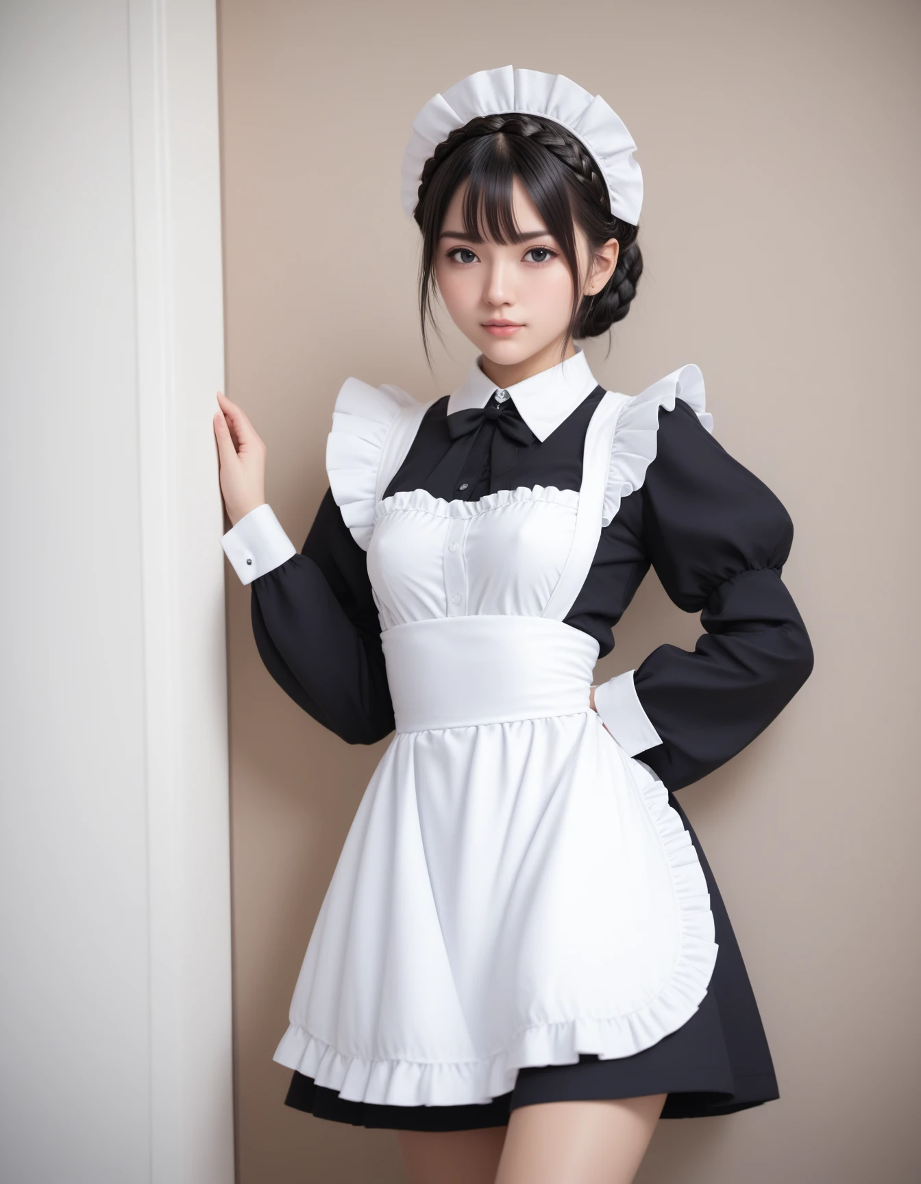 score_9, score_8_up, score_7_up, 1girl, solo,
(Best quality,masterpiece,absurdres,ultra realistic:1.2),
black hair,
black eyes,
crown braid hair,
(small breasts:1.1),
slender,
(chinese:0.6),(japanese:1.2),
maid,maid headdress , maid apron,frills,puffy sleeves,indoors,,
Leaning against a wall,
(light smile:0.6),