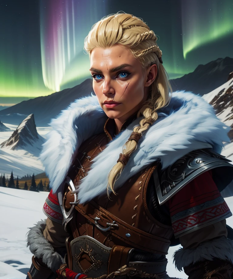 Eivor,scar on face,blonde hair,blue eyes,side braid,
leather armor,fur trim,
standing,looking at viewer,upper body, serious, 
northern lights,mountains,cold,
(insanely detailed,   masterpiece, beautiful detailed eyes, best quality),<lora:Eivor:0.8>,