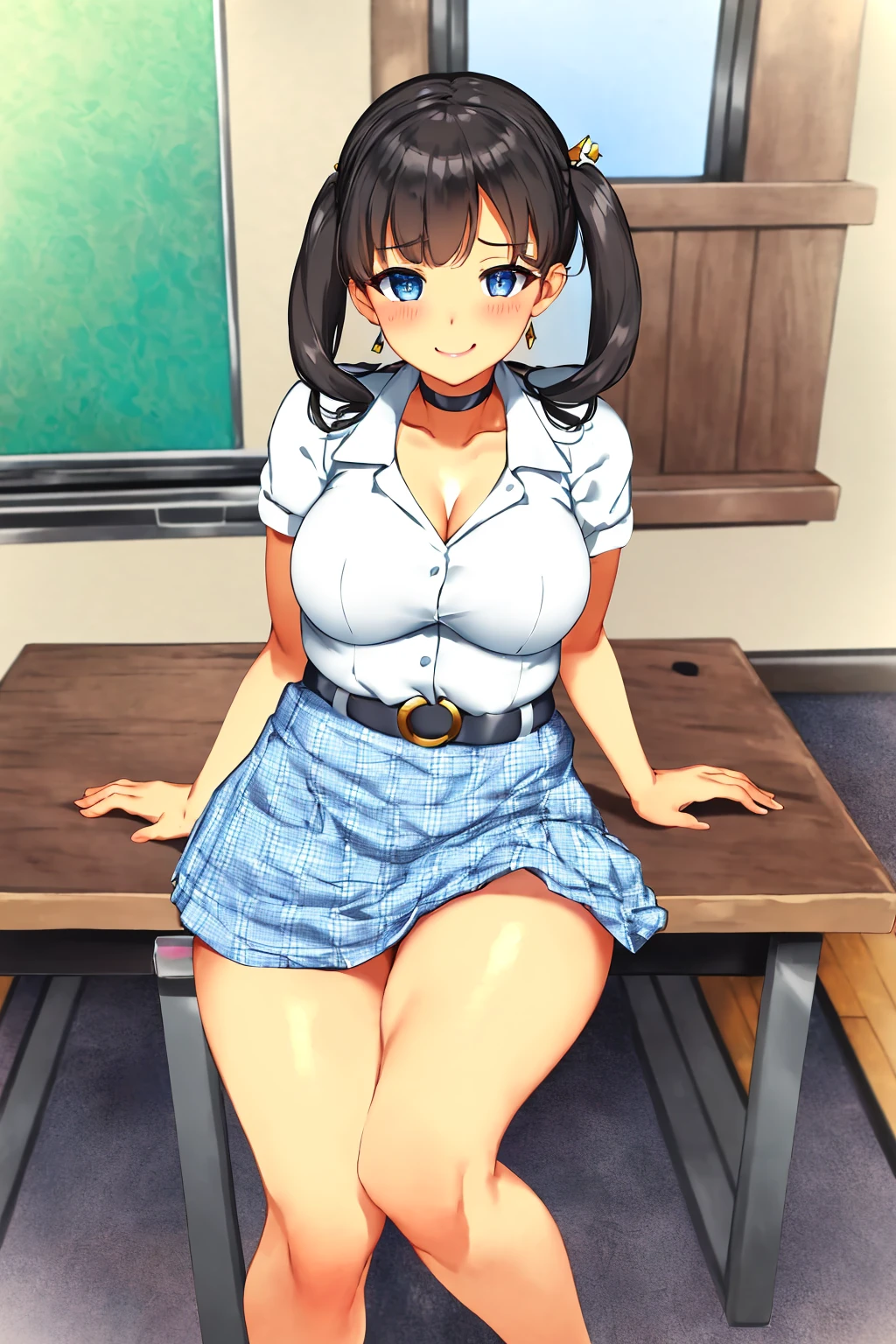 masterpiece, ultra-detailed, best quality, illustration, 8k cg wallpaper, an extremely delicate and beautiful, 1girl, solo, perfect anatomy, cute face, smiling, blushing, sparkling eyes, deep blue eyes, beautiful detailed eyes, dark brown hair, shoulder-length hair, twintails, cute hair accessories, cute earrings, cute choker, slim body, medium breasts, business outfit, perfect arms, cute arm accessories, black belt with gold buckle, light blue plaid skirt, cute thigh-high stockings, perfect legs, cute, pretty, beautiful, sexy, perfect body, (background: office, desk, chair, bulletin board, windows, intricately detailed items in background), <lora:Beyond_Eyes:1>