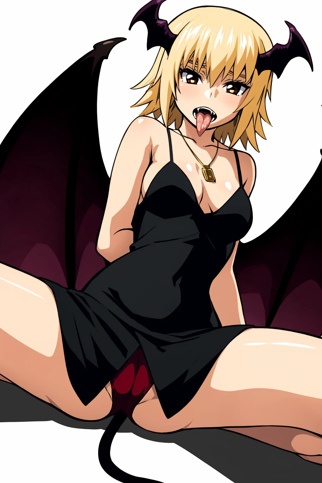 masterpiece, best quality, <lora:cagalli:1>,
1girl, solo, blonde hair, wings, tongue, tail, breasts, barefoot, demon tail, horns, underwear, panties, demon wings, tongue out, demon girl, medium breasts, fangs, short hair, red panties, spread legs, dress, feet, simple background, jewelry, open mouth, necklace, black dress, white background, brown eyes, bat wings, demon horns