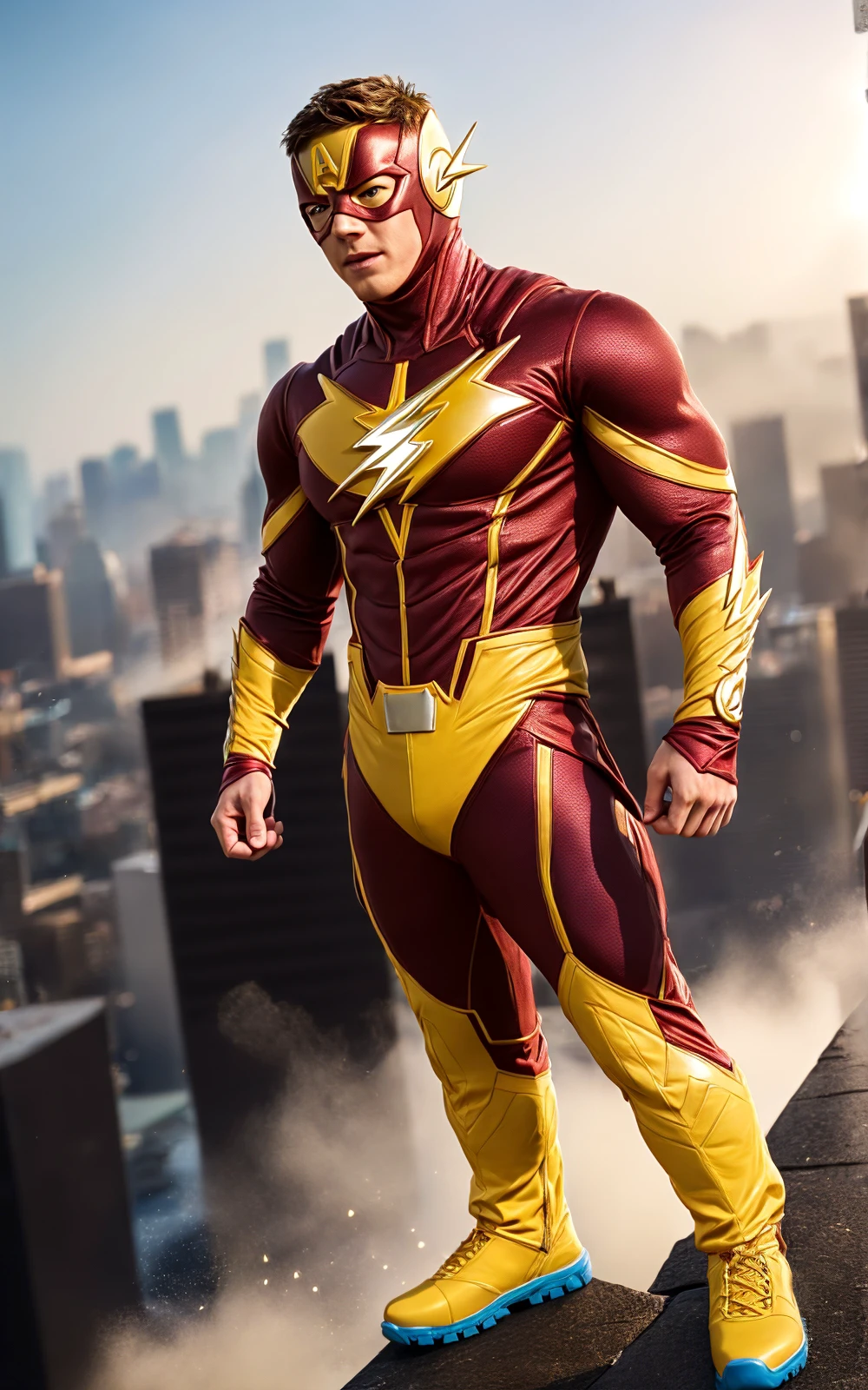 <lora:GrantGustin (1):1.1>, grantgustin as The Flash Superhero, ((short hair)), <lora:BulkedUpAIR1.5:0.1>, Bodybuilder:1.1, (wearing tight The Flash red and yellow costume:1.3), (Matching boots), standing on rooftop:1.2, High detail professional high angle photograph, (very large round pecs), (blue sky background), ripples, light fog, (streams of crackling magic energy around the subject), sexy look, skin pores, (((superhero theme))), matte, warm pastel colors, backlighting, depth of field, natural lighting, hard focus, ray traced, face and upper body focus:1.3, 8 k high definition, insanely detailed, intricate, (full body shot:1.2)