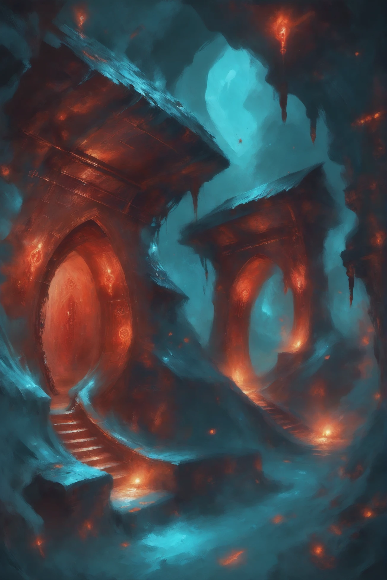 digital painting, duotone red and turquoise, glowing runes, subterranean fantasy hamlet outside of time<lora:EnvyStarlightSurreality01:1.2>