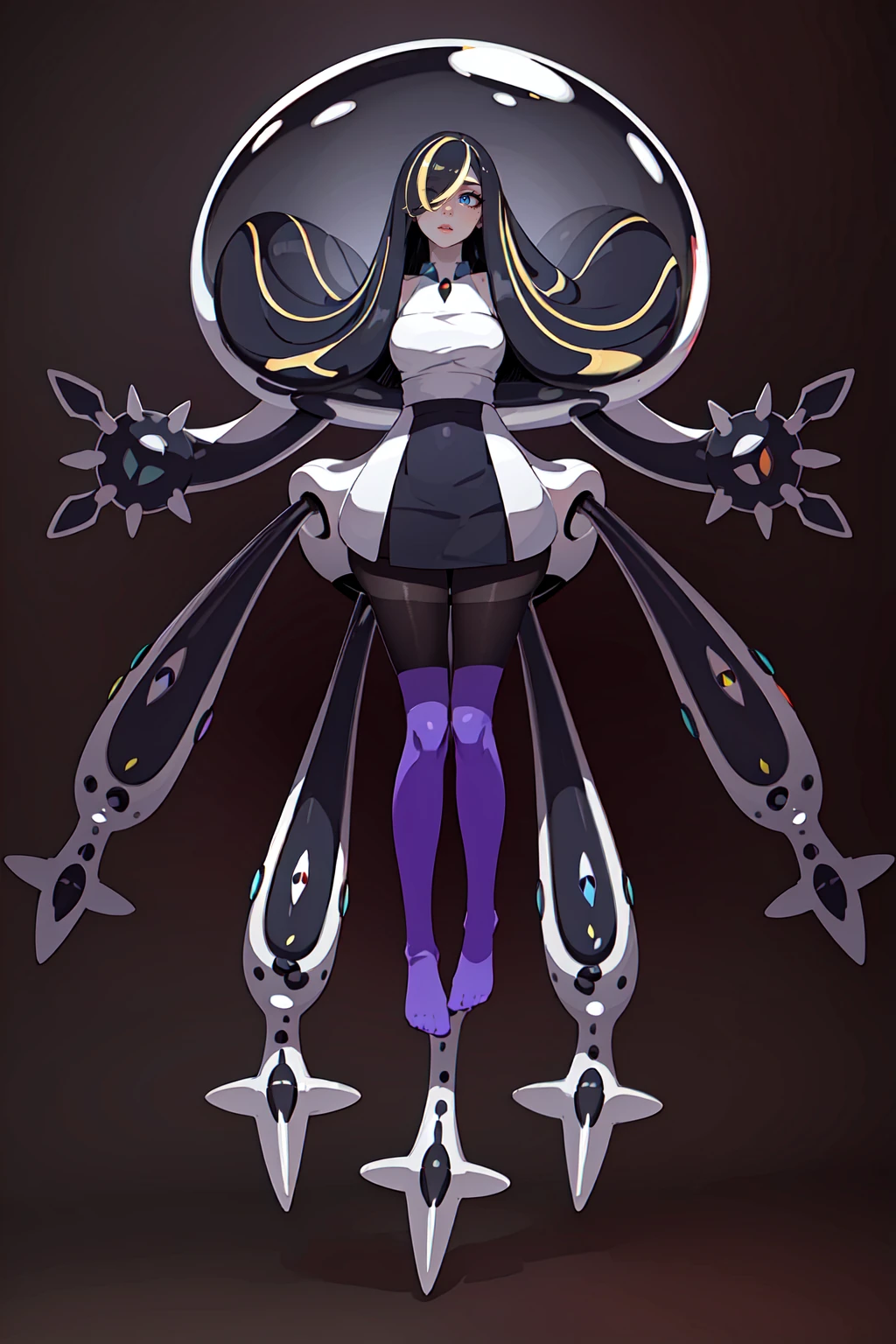 (masterpiece, perfectly detailed, detailed face, detailed eyes, beautiful eyes), highres, Nihilamine, Mother_Beast, Lusamine_Fused (pokemon), alter, 1girl, lusamine (pokemon), black background, pokemon (creature), dress, simple background, breasts, hair over one eye, full body, creature and personification, looking at viewer<lora:EMS-352637-EMS:0.800000>