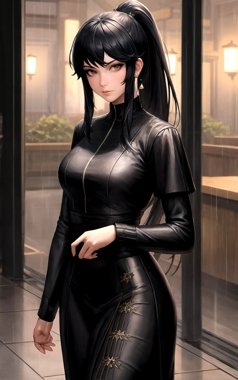 ARTSTYLE_guweiz_ownwaifu,
1girl, black hair, long hair, jewelry, long sleeves, bangs, earrings, ponytail, rain, dark, indoors,
<lora:ARTSTYLE_guweiz_ownwaifu:1>,
((masterpiece)),((best quality)), focused, looking at viewer, solo, cowboy shot,