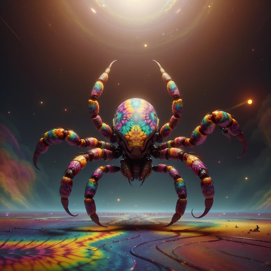 <lora:EPtiedyeworld:0.8>,eptiedyeworld, scifi, caustics, psychedelic,
 scorpion, arachnid ,shallow dof