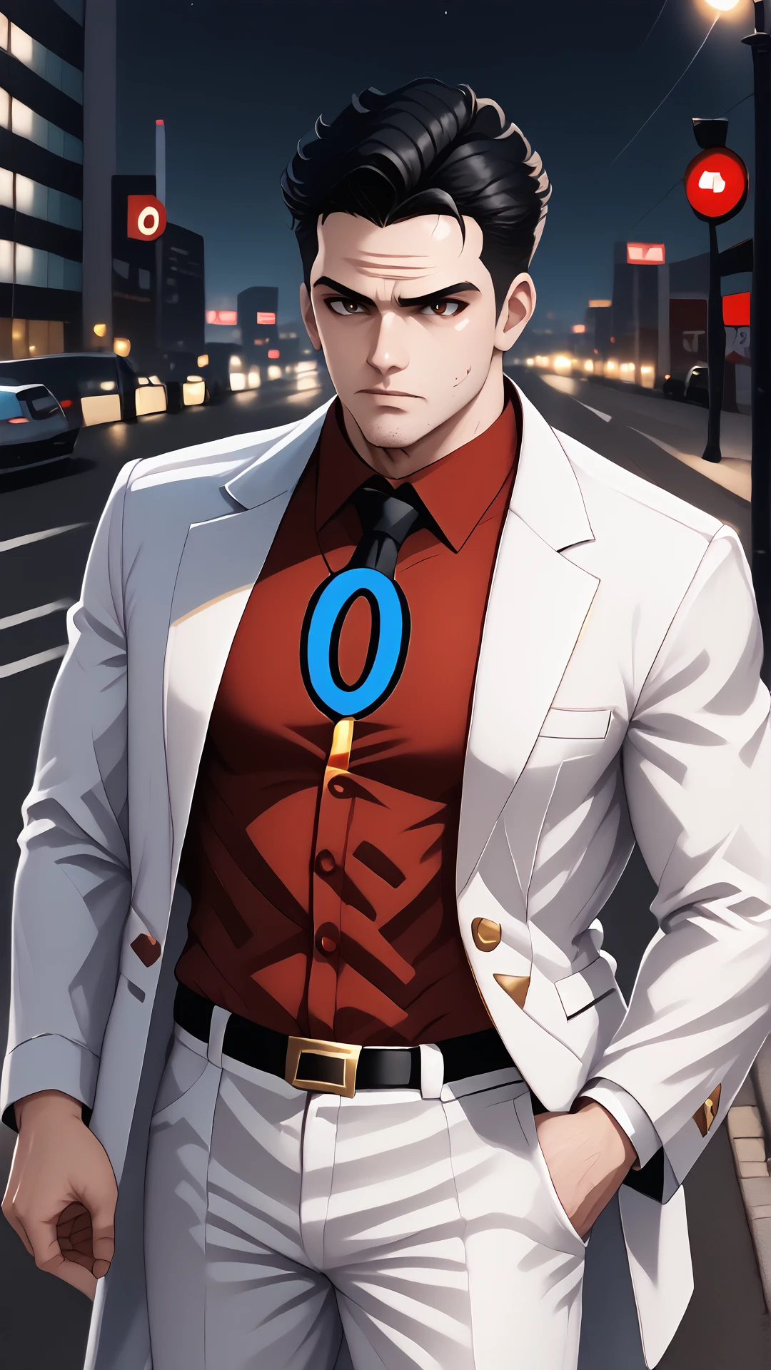 <lora:LettersOnShirtV2:1> WrOnCl, Number-0, 1boy, yakuza, white jacket, formal, white suit, white pants, red shirt, stubble, black hair, city, night, road