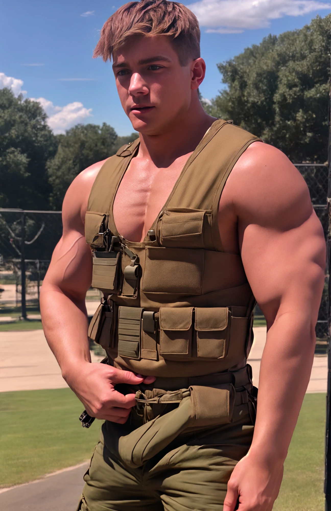 <lora:BulkedUpAIR1.5:0.05>. (close up body shot:0.7), at outdoor military base, sweaty:1.2, , wearing military shorts, (wearing open SWAT vest:1.1), confident, handsome, (((masterpiece))), (((best quality))), <lora:more_details:0.1>, large pectorals, big muscles:0.5, ((hands on waist),  jock hairstyle:1.2, male, lower color saturation:1, lower contract color:1, <lora:SteveSandvoss (1):1>, stevesandvoss