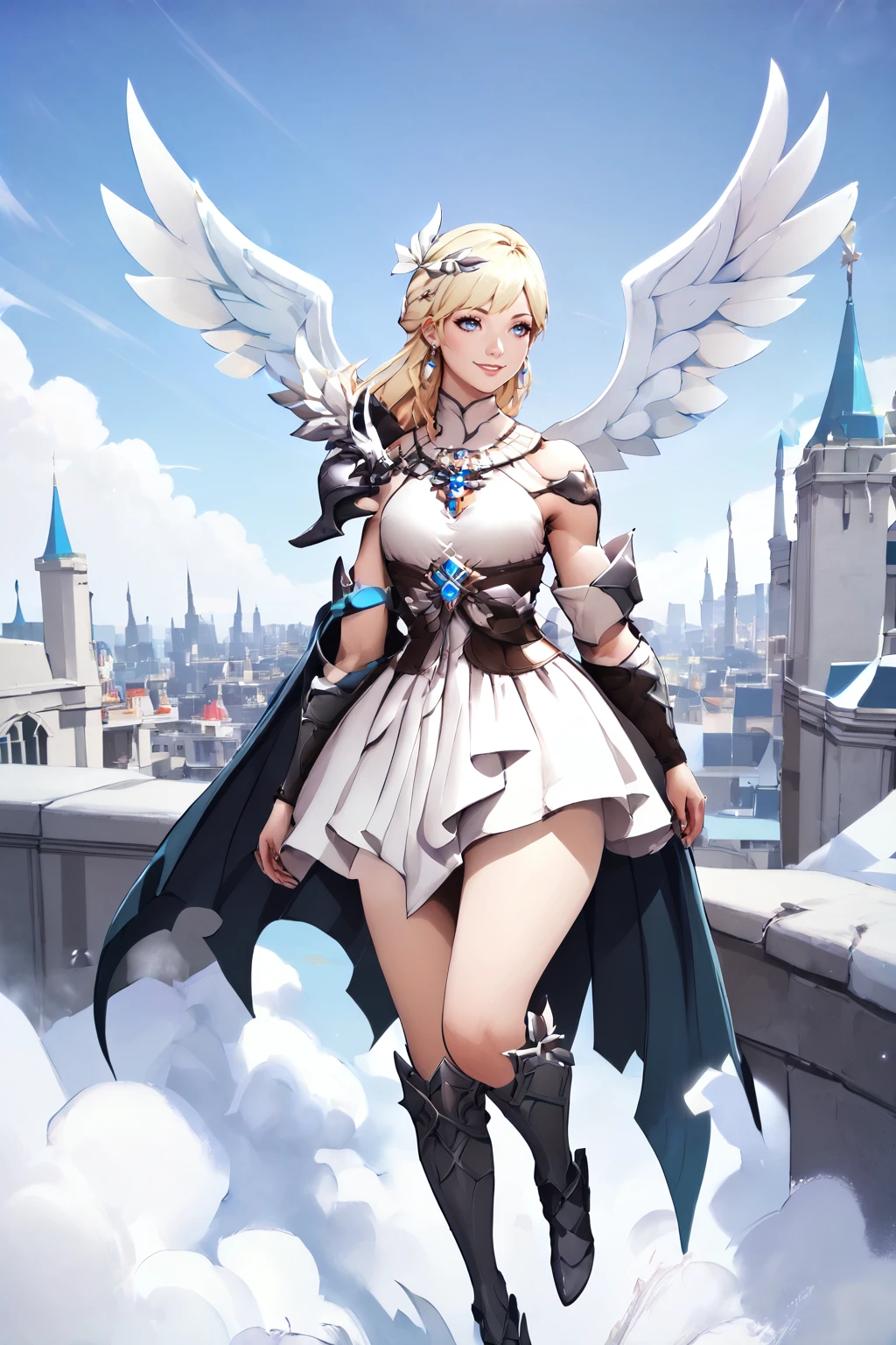 score_9, score_8_up, score_7_up, masterpiece, high quality
 <lora:NinevehPonyLora:0.8> 1girl, long hair, hair ornament, earrings, white dress, shoulder armor, cape, necklace, belt, detached sleeves, angel wings, vambraces, bracelet, ring, flying over a city, smile, blue sky, white clouds, jumping from a high building, floating in the air