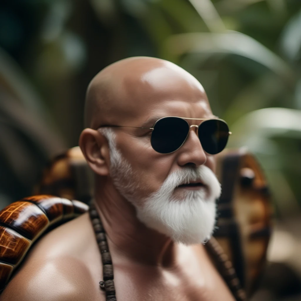 cinematic photo a bald old man with sunglasses and a white beard, wears a giant turtle shell on his back, beach, jungle <lora:MasterRoshi1024-40:0.8> . 35mm photograph, film, bokeh, professional, 4k, highly detailed