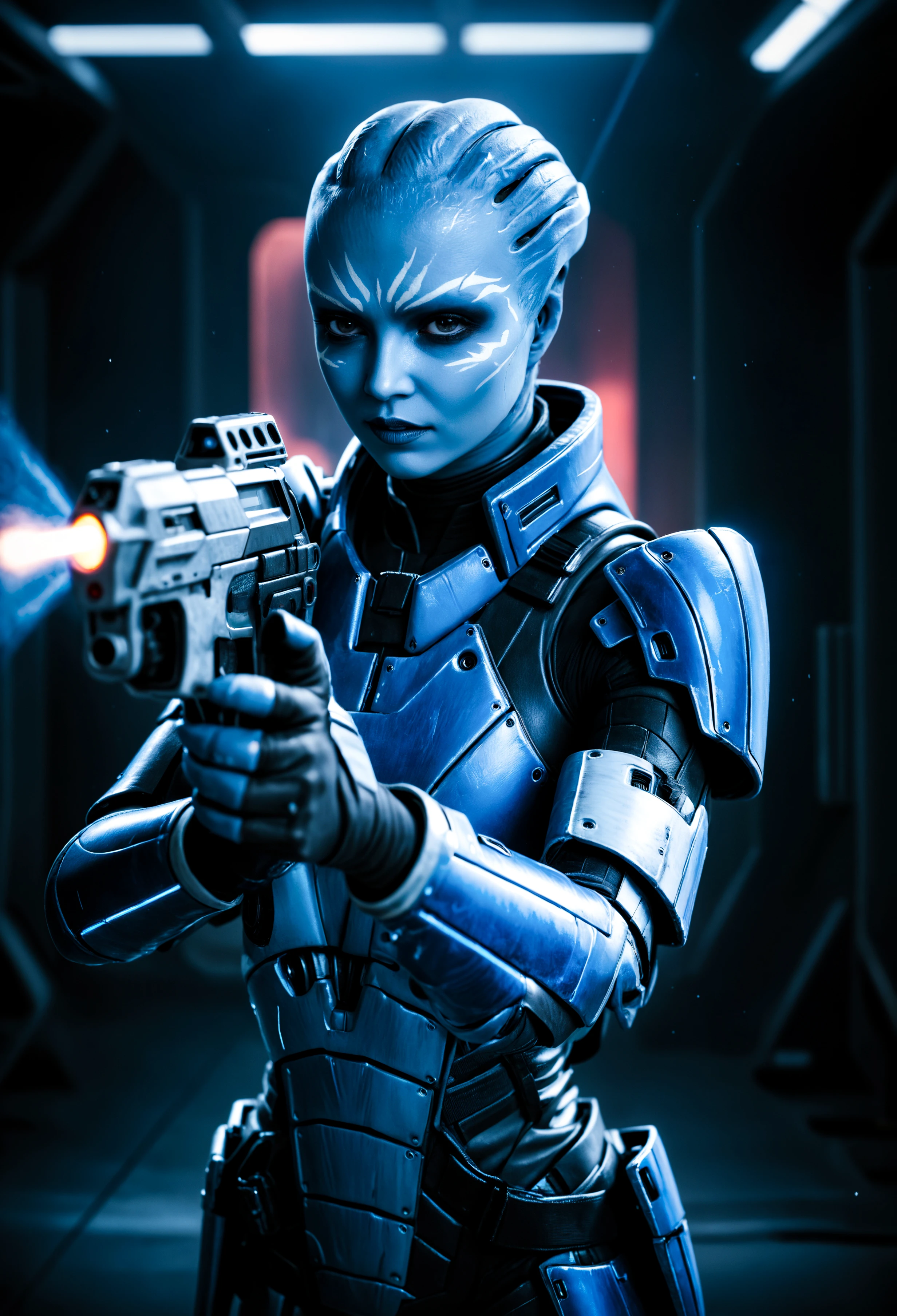 zavy-asari, glamour shot of a beautiful young woman wearing high-tech sci-fi armor while firing a gun in gunfight, laser lights, subsurface scattering, clean