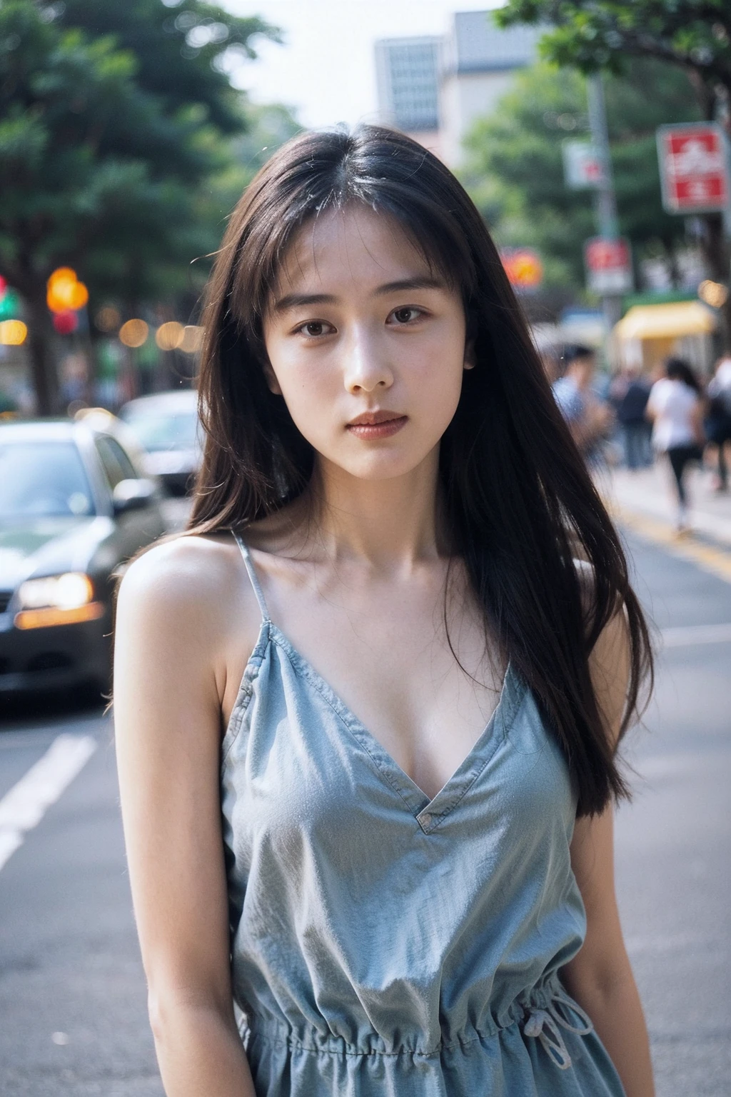 Best quality, masterpiece, ultra high res, (photorealistic), raw photo,1girl, skinny, upper body,solo, realistic, looking at viewer, long hair, bokeh background, city streets, sleveless dress,  <lora:makina69_izumisakai_v1.0:1>