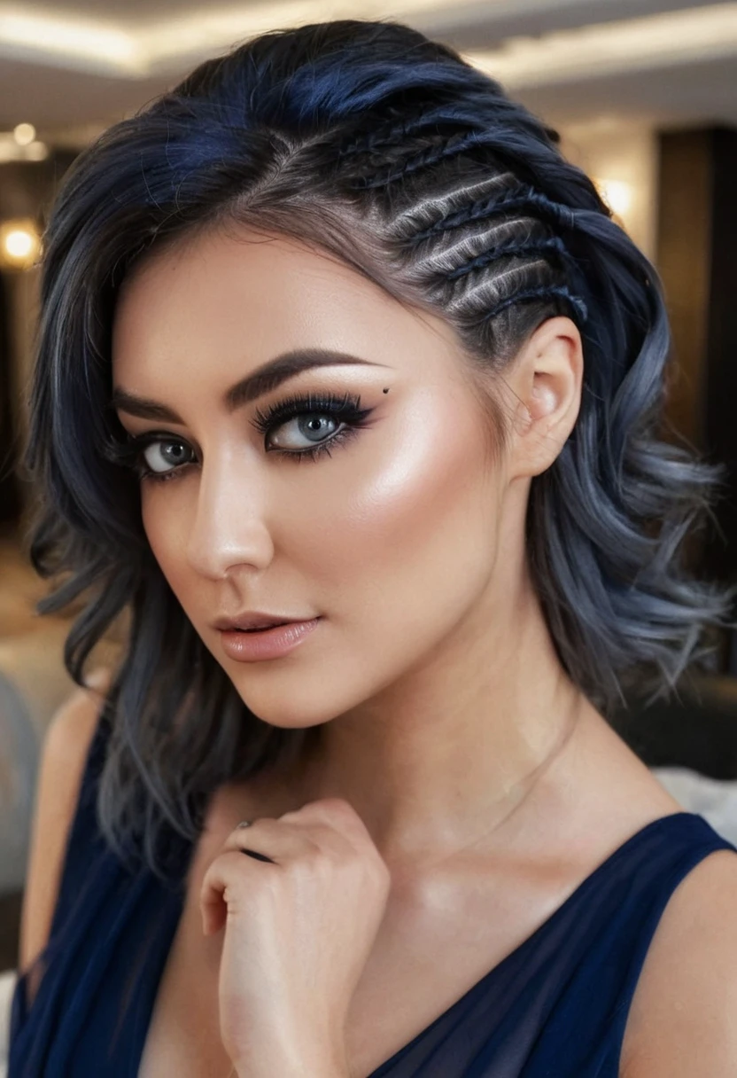 cinematic film still of extremely beautiful woman, long hair, short sidebraid, looking at viewer, Rim Lighting, Charcoal grey and navy blue hair, Urban photography Luxurious Penthouse or Mansion Dramatic Winged Liner, model face, 22 years old,