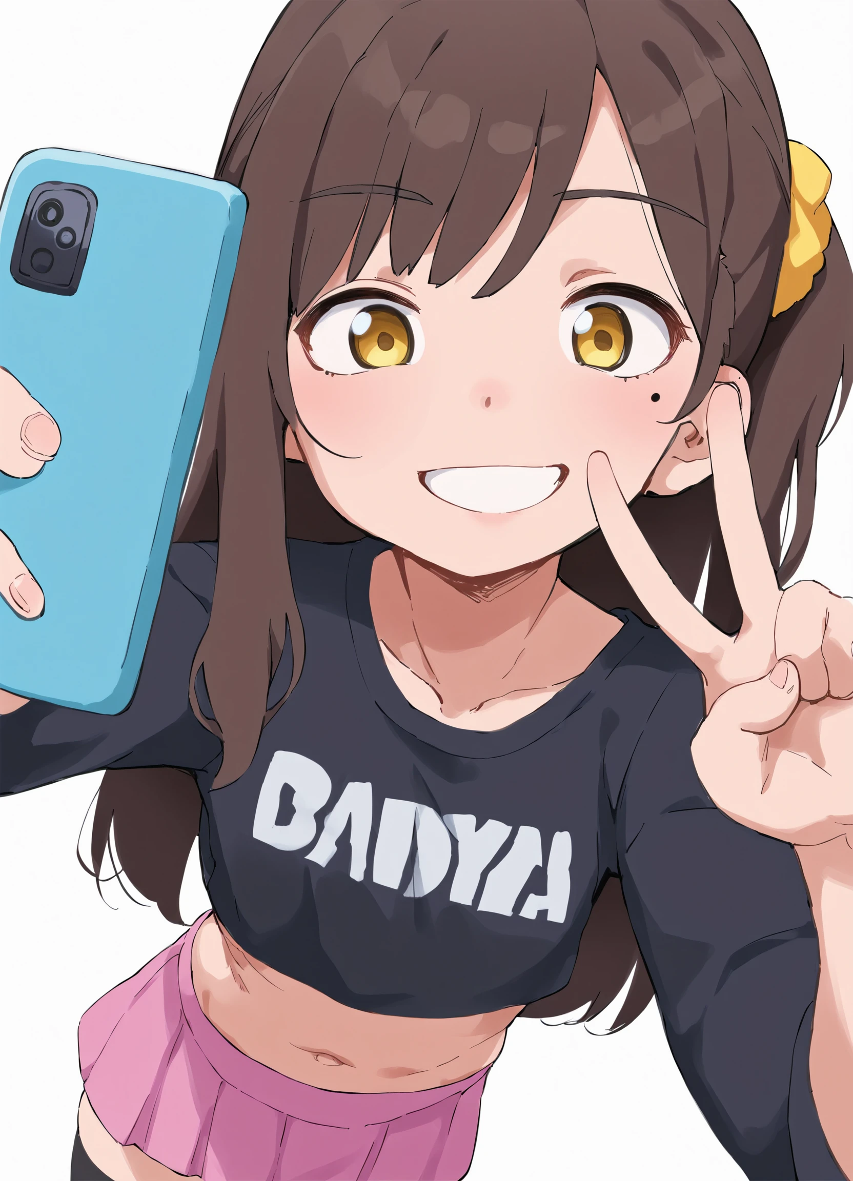 score_9, score_8_up, score_7_up, bbka_style,
1girl, solo, brown hair, long hair, yellow eyes, grin, black shirt, mole under eye, navel, holding phone, white background, selfie, collarbone, zettai ryouiki, simple background, black thighhighs, hair scrunchie, pink skirt, v, dutch angle,
<lora:bbka_pdxl5:1>