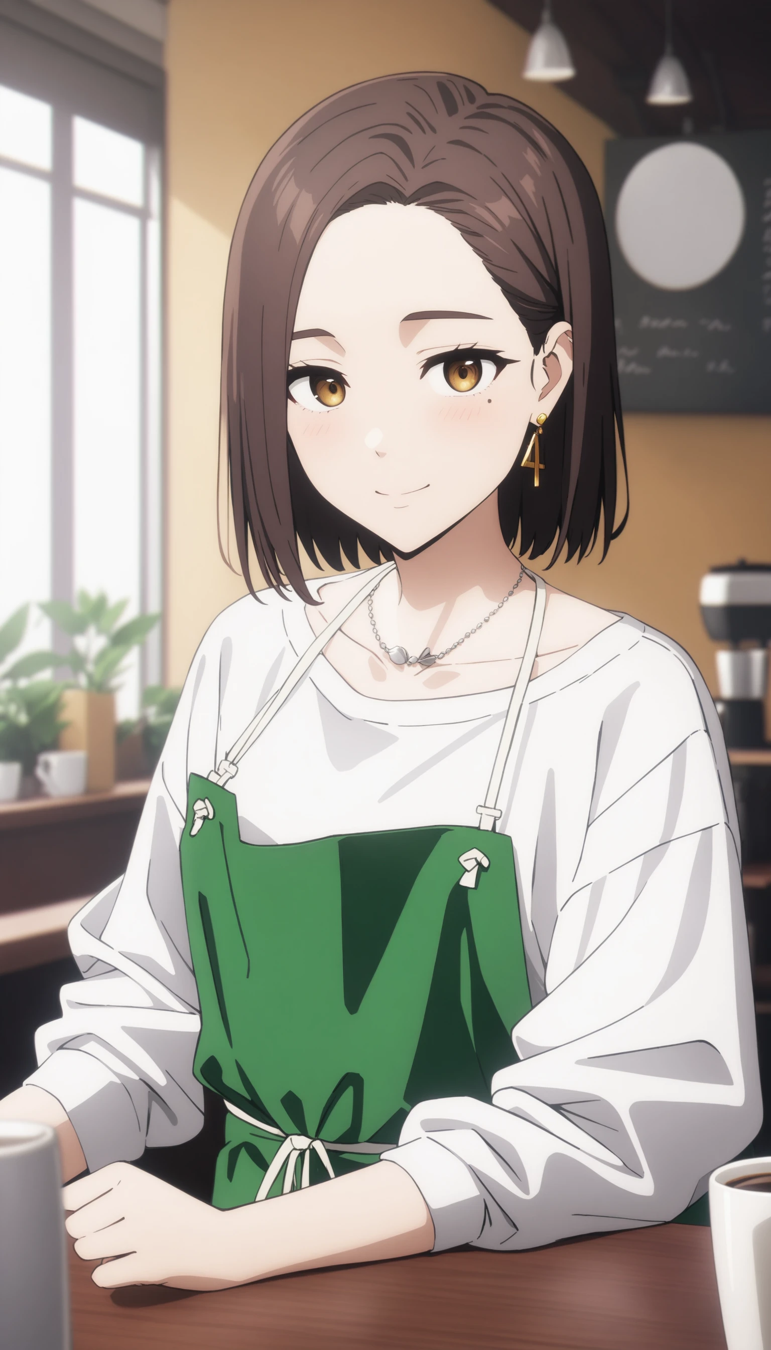 (masterpiece, best quality, very aesthetic, ultra detailed), intricate details,
1girl, kotohadef, short hair, mole, earrings, jewelry, collarbone, white shirt, green apron, smile, cafe, cup, looking at viewer,   <lora:KotohaXLv1-000006:1>