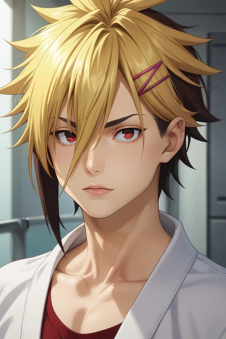 score_9, score_8_up, score_7_up, source_anime, (photorealistic:0.6), looking at viewer, upper body, depth of field, 1boy, solo, male focus, <lora:terunori_kuga_pony:0.92>, terunori_kuga, blonde hair, red eyes, multicolored hair, two-tone hair, brown hair, dyed bangs, hair ornament, hairclip, bangs, hair between eyes, , soft science fiction, , <lora:sdxl_lightning_8step_lora:1>