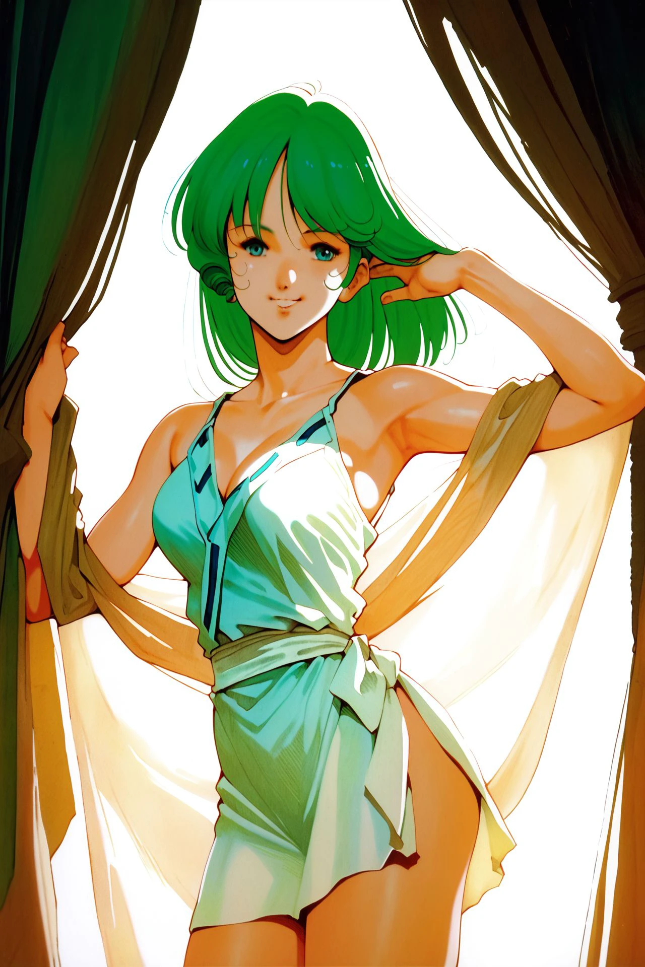 score_9, score_8_up, score_7_up, 1girl, smile, looking at viewer, green hair, curtain_bangs, aqua eyes, medium breasts, arm_up, backlighting, traditional media,  <lora:Mikimoto_Haruhiko_PonyXL_style_v01:1>