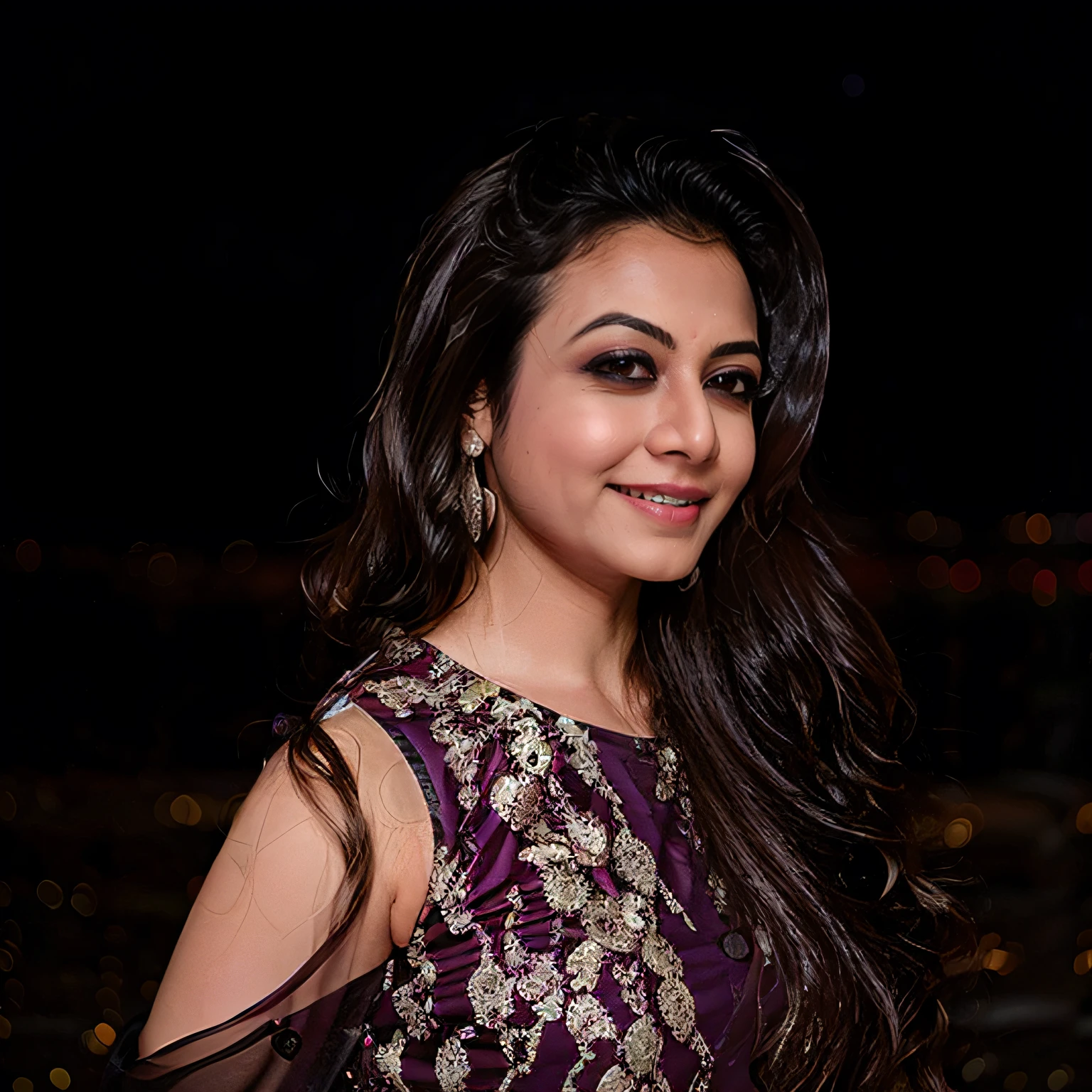 professional potrait photo of a 30-year-old woman, koel, conservatively dressed in intricate Aubergine clothing, laughing, solo, night time, city lights bokeh   <lora:koel_Koel_Mallick_SD15_LoRA_prodigy_local_regs-000003:1>