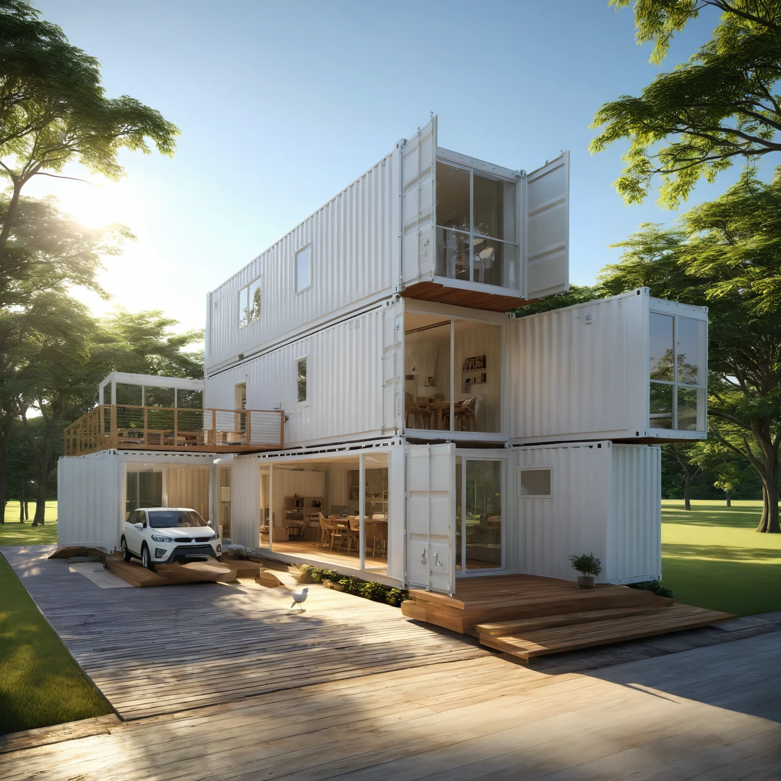 <lora:JJsContainerHouse_XL:.8>,   ((Container House)), ((masterpiece)), ((best quality)), scenery, real world location,  realistic,  high detailed, , soft lighting, clear sky, road, lawn, (white),bird, sunshine, car, wood,