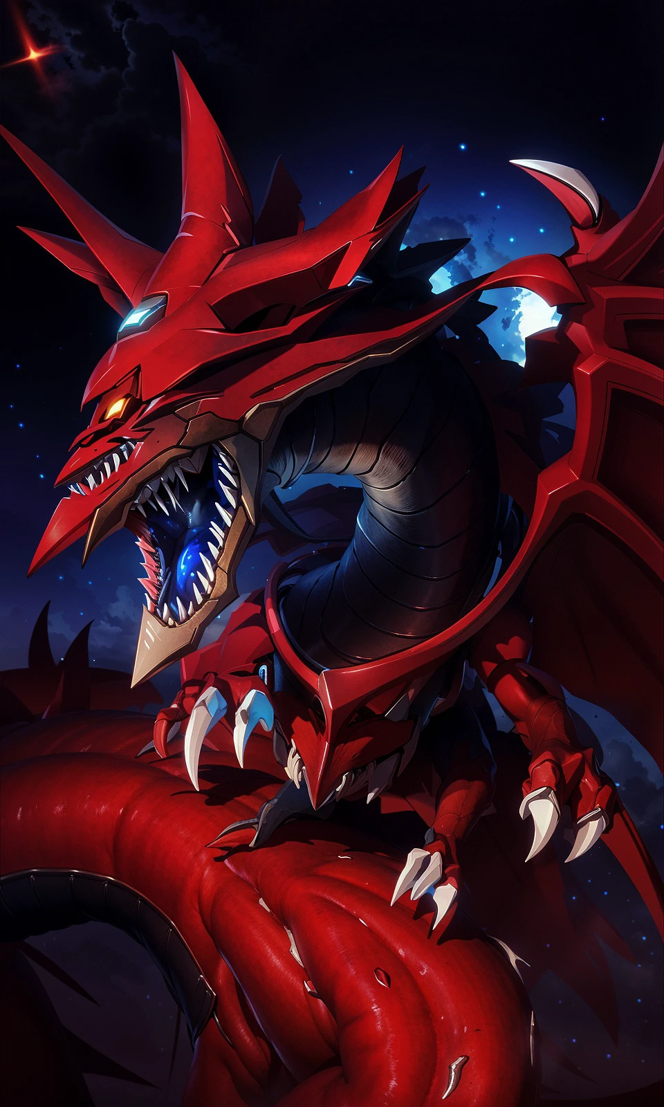 full-length character portrait of a dragon hi res, soft shading, good anatomy, cinematic lighting, detailed background, outdoors, standing, dynamic pose, wings, red scales, (red accents:1.2),(glowing accents:1.4),(wing accents),(detailed scales), <lora:BEWDragon:1>,dragzkz, dragon,Dragon, Sorceress, Zyra,Slifer-TSD, A large red dragon with long wing and black interior, sharp pointed horns and pointed teeth, no humans, sharp teeth, teeth, tail, wings, open mouth, solo, signature, claws, monster, 2 mouth