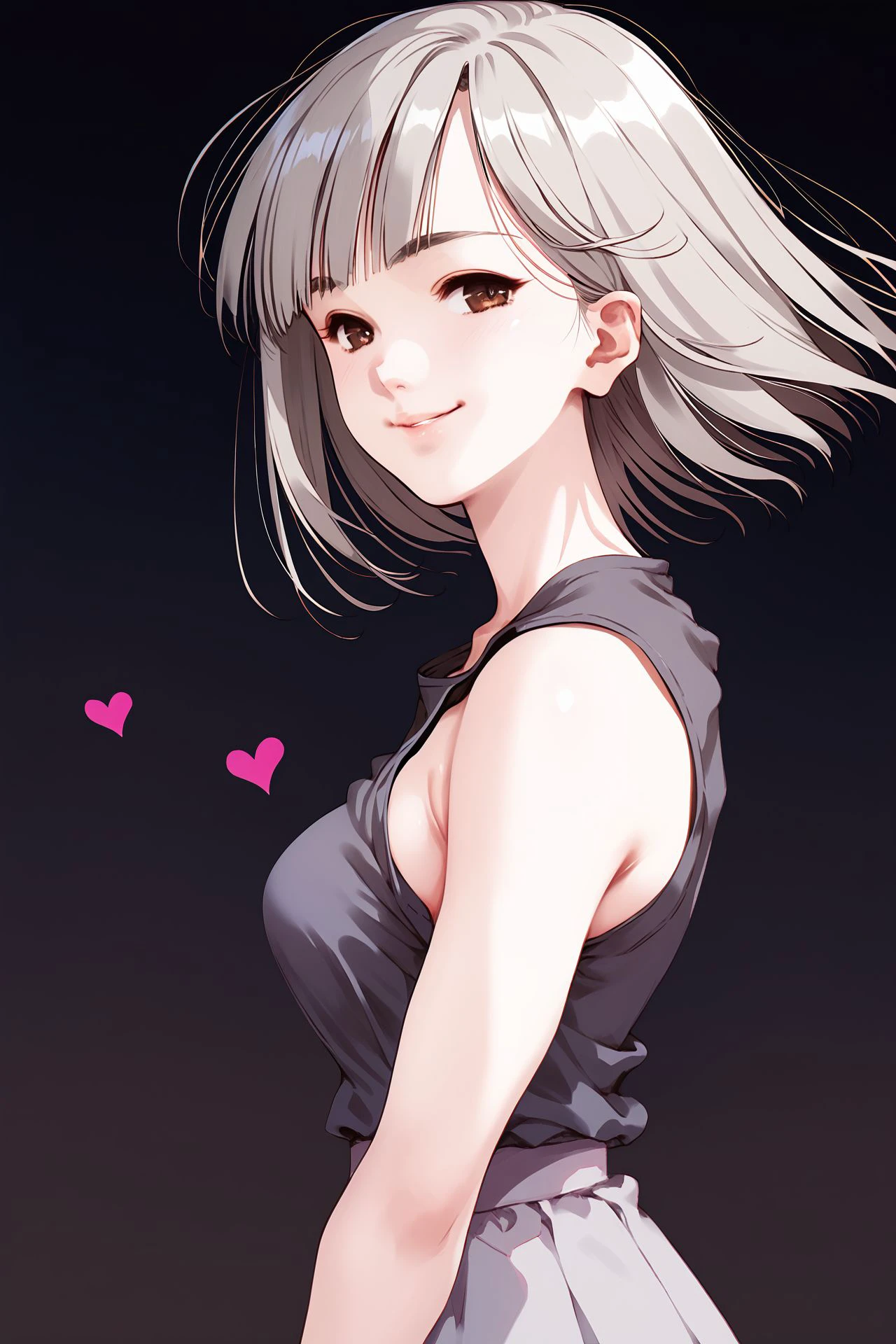 score_9, score_8_up, score_7_up, 1girl, cheeky smile, looking at viewer, grey hair, short_bangs, brown eyes, breasts, arm_behind_back, heart_background, <lora:Mikimoto_Haruhiko_PonyXL_style_v01:1>