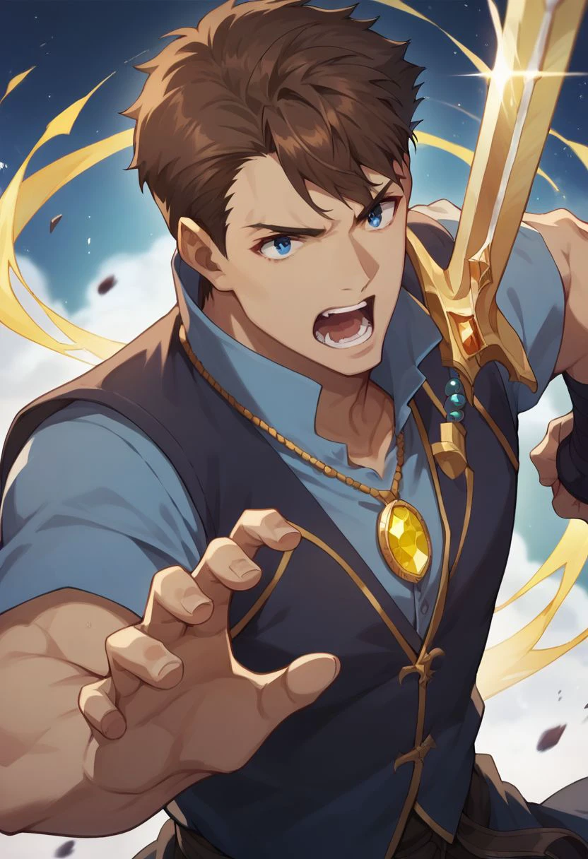 score_9, score_8_up, score_7_up, 
1boy, solo, adult, brown hair, blue eyes, dark vest, blue shirt, yellow gem necklace, holding sword, fighting, open mouth, night
masterpiece, best quality, very aesthetic, absurdres