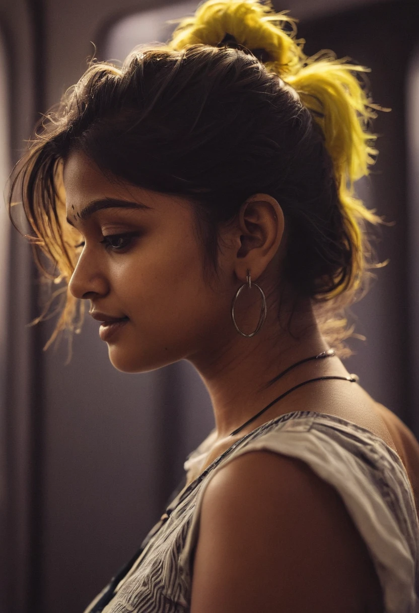 zavy-hrglw, macro shot of a beautiful tamil adult girl on a train, messy bun hair, neon yellow hair, silhouette, skinny, sexy, dimly lit, shadow, monochrome, b&w, instagram model, cinematic still, movie screencap, dynamic angle, 100mm f/2.8 macro lens, deep photo, depth of field, shadow,