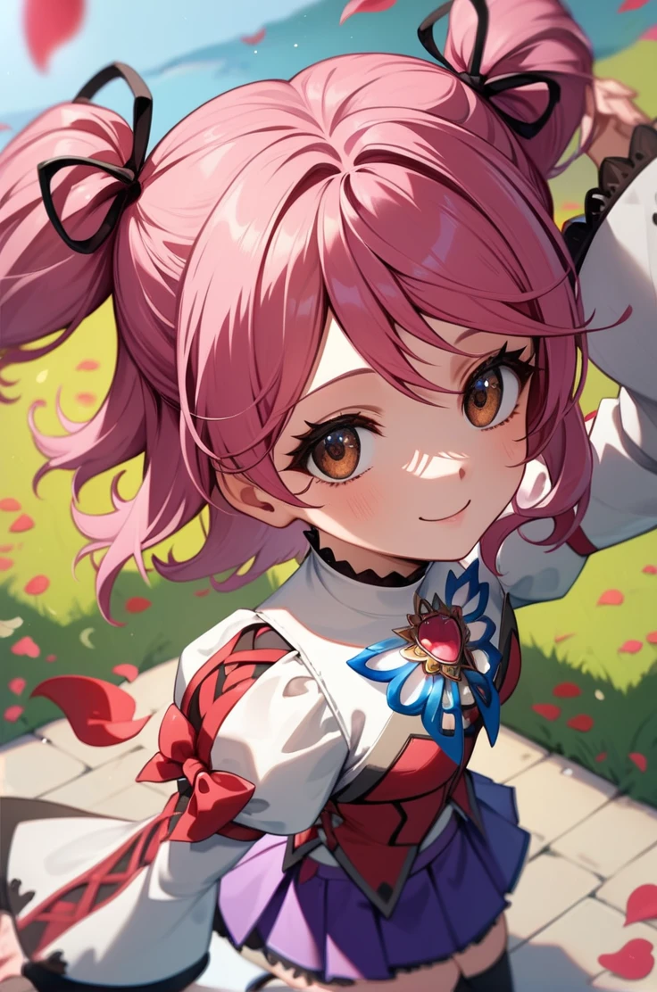 score_9, score_8_up, score_7_up, very aesthetic, source_anime, detailed, high quality, beautiful, masterpiece, detailed eyes,
<lora:lightXL:0.8>
simple background,  blurry background, flower petals, light beams,
upper body, close up, from above,
walking, looking up, light smile, hand above head,
<lora:cheria_autismConfetti_v03:0.95>
cheria barnes, pink hair, brown eyes, twintails, two side up, medium hair,
thighhighs, brooch, long sleeves, puffy sleeves, purple skirt, jewelry, black thighhighs, white footwear, (wide sleeves:0.7), pleated skirt, laces,, zPDXL