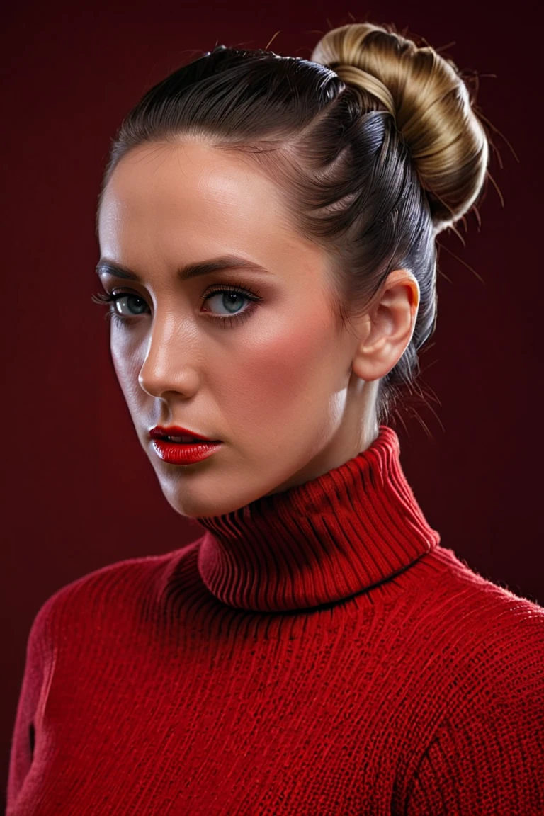 portrait of ohwx woman, tied hair in a bun, red turtleneck sweater, serious, vogue, intricate, elegant, highly detailed, digital painting, concept art, smooth, cristal clear, sharp focus, 8k, film grain, vignetting, chromatic aberrations, dramatic lighting<lora:WoJaydenJaymes01SDXL:0.850000>