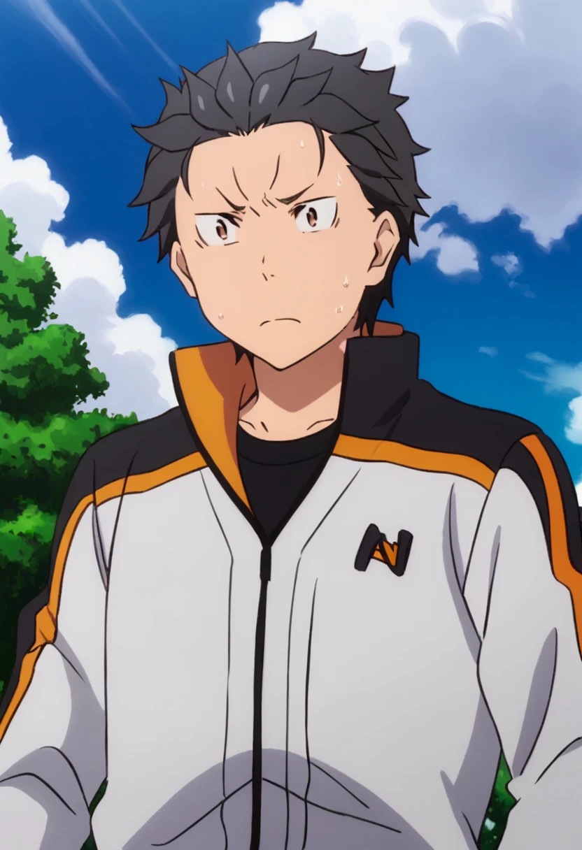 <lora:natsuki_subaru:1> natsuki subaru, 1boy, male focus, solo, black hair, day, outdoors, short hair, sky, brown eyes, tree, cloud, upper body, track jacket, hair slicked back, blue sky, jacket, anime coloring, frown, closed mouth, parody, sweat, official style