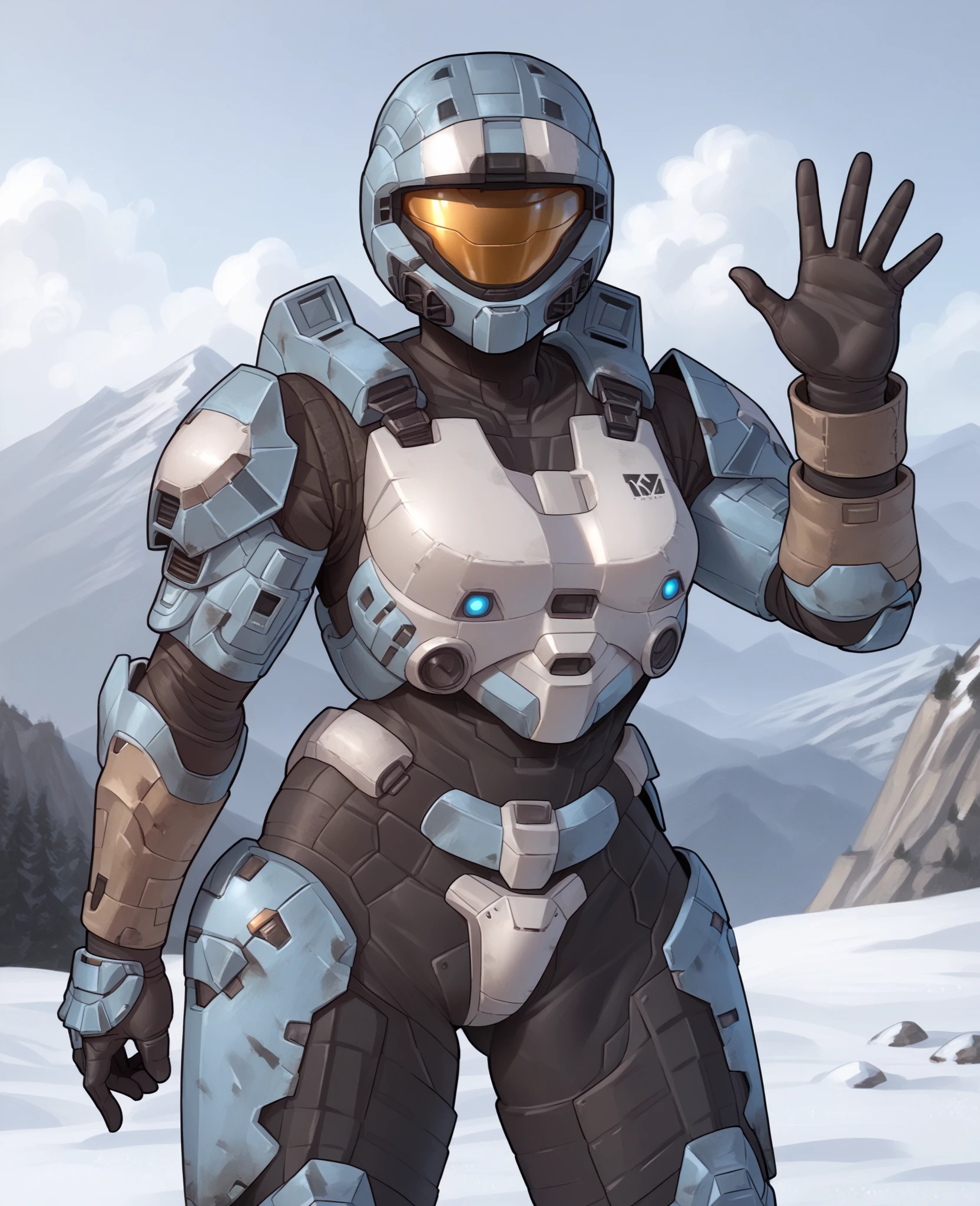score_9, score_8_up, score_7_up, score_6_up, score_5_up, score_4_up, source_anime, kia, fnw, spartan \(halo\), (1girl, female:1.2), solo, standing, helmet, faceless, armor, gloves, crotch plate, breastplate, outside, snow, mountain, looking at viewer, waving at viewer, waving, pose, gesture, excited, wide stance, front view
<lora:spartan_pdxl:1>