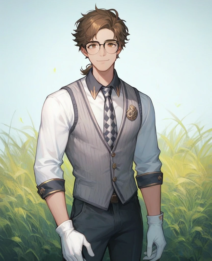 score_9,score_8_up,score_7_up,genre_ hentai yaoi,sexy appearance,(perfect male body),manly horror,
1boy,solo,handsome,white gloves,sexy appearance,standing,slim,
<lora:add-detail-xl:3>,<lora:Perfect Hands v2:1>,rating_explicit,voluptuous body,seductive pose,looking at viewer,on a grass field,shiny skin,
<lora:ææé:0.5>,glasses,brown hair,shirt,necktie,brown eyes,vest,collared shirt,ponytail,bangs,Bad smile,