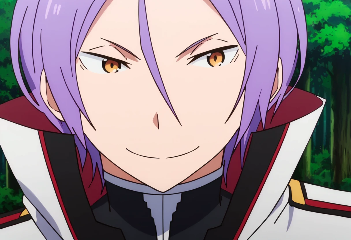 <lora:julius_juukulius:1> julius juukulius, 1boy, forest, male focus, solo, purple hair, smile, hair between eyes, parody, anime coloring, closed mouth, high collar
