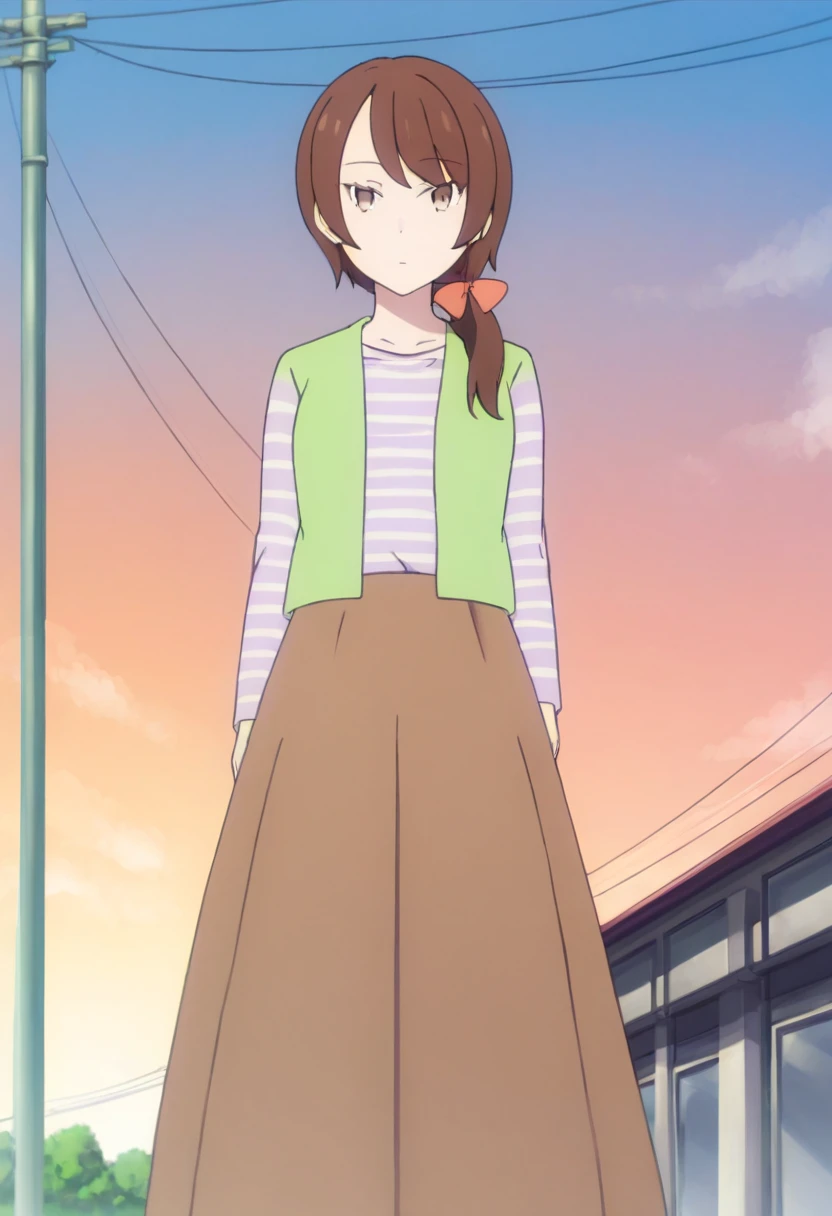 <lora:Natsuki_Naoko:1> Natsuki Naoko, 1girl, solo, skirt, striped shirt, brown hair, long skirt, shirt, striped, hair bow, bow, long hair, looking at viewer, jacket, sky, day, outdoors, expressionless, standing, brown skirt