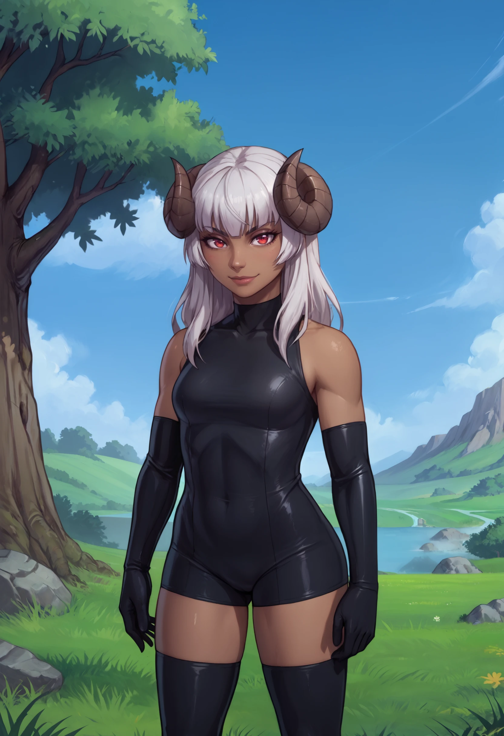 zPDXL, 1girl, solo, BREAK
felm, horns, dark-skinned female, 
bodysuit, thighhighs, elbow gloves, 
standing, cowboy shot,
outdoors, grass, tree, blue sky, 
<lora:latex-princess-ot6-1560:0.8>  <lora:felm-pony-kohya10-000009:0.8>