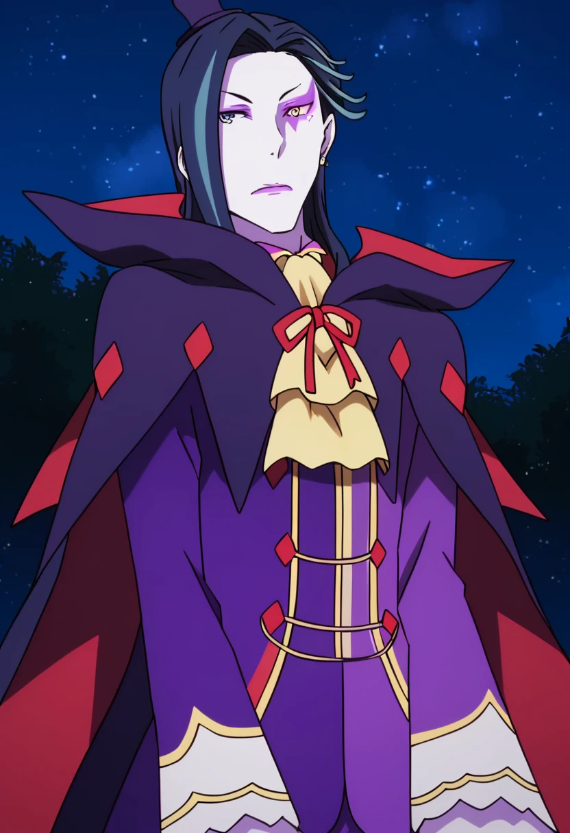 <lora:roswaal_l._mathers:1> roswaal l. mathers, solo, 1boy, male focus, night, ascot, black hair, cape, long hair, night sky, sky, long sleeves, makeup, closed mouth