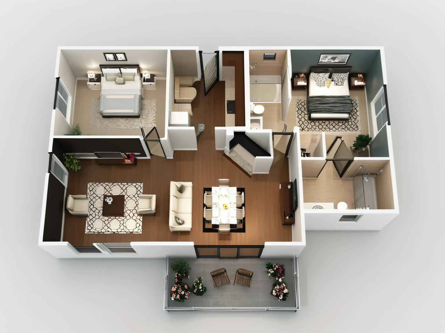 <lora:JJs3DFloorPlan_XL:1>, ((best quality)),((masterpiece)), (((3D Floor Plan))),  view from above ,chair , wall ,rug , lamp, flower, vase , chair ,ceiling , plant, window ,curtain ,television ,couch, , white background,, highly detailed,   dramatic lighting, ,3d,