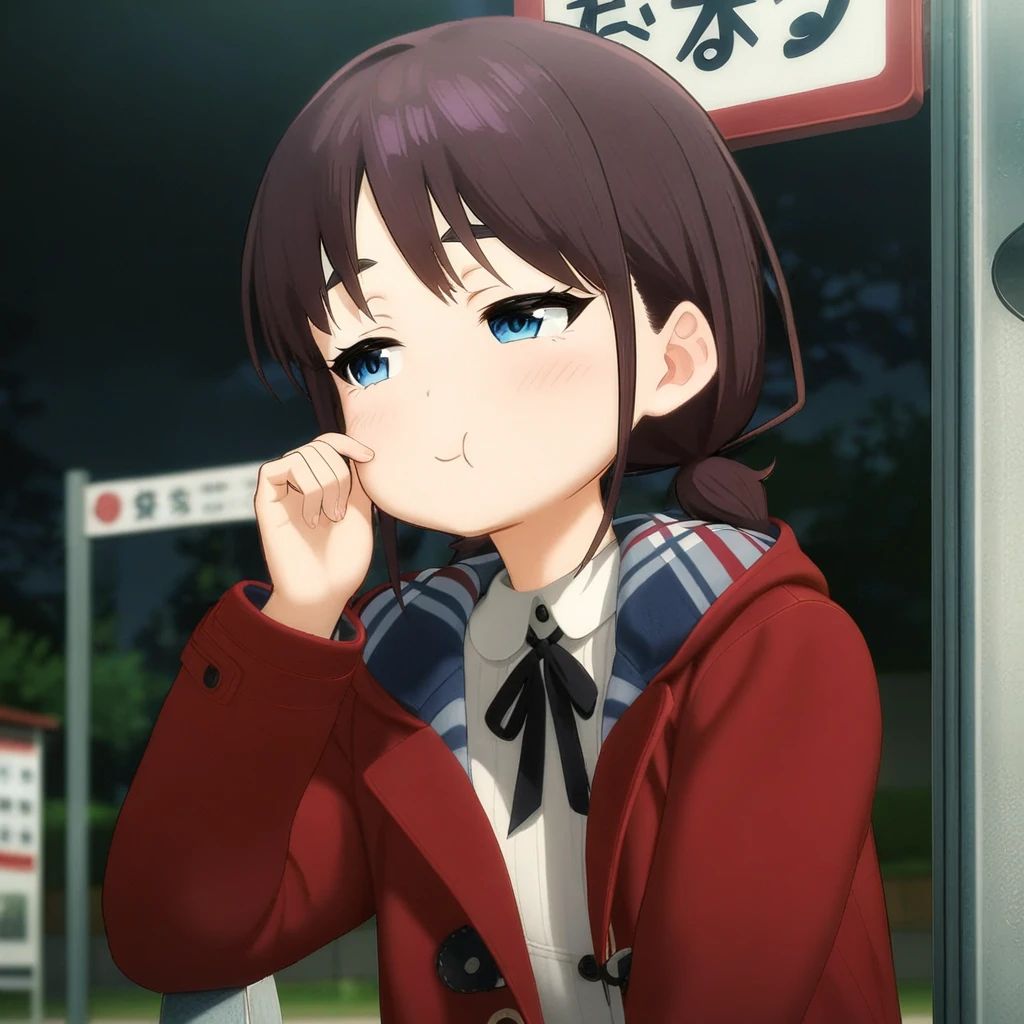 masterpiece,best quality,very aesthetic,absurdres,1girl,solo,<lora:rencaiv1:1>,half-closed eyes,sulking,puffy cheeks,hand_to_mouth,cheek pinching,front view,cowboy_shot,bus stop,