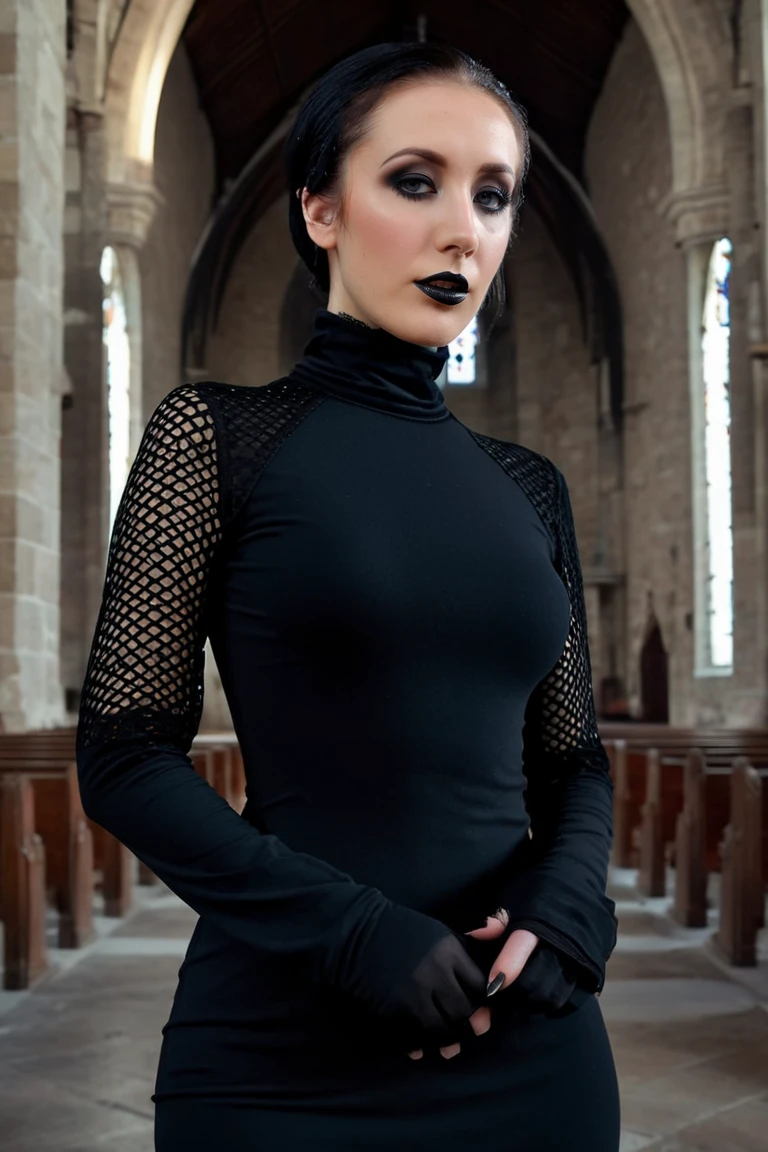 hwx woman, upper body, wearing a black turtleneck gothic dress, lace mesh, gothic makeup, inside a big church, 8k, cristal clear, skin details, pores, masterpiece, high quality, highres, photorealistic, raw, extremely detail<lora:WoJaydenJaymes01SDXL:1.000000>