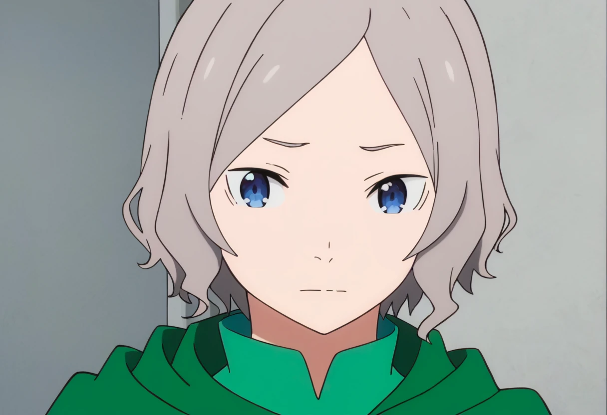 <lora:Otto_Suwen:1> Otto Suwen, solo, blue eyes, 1girl, grey hair, parody, short hair, anime coloring, hood, upper body, indoors, closed mouth, long sleeves