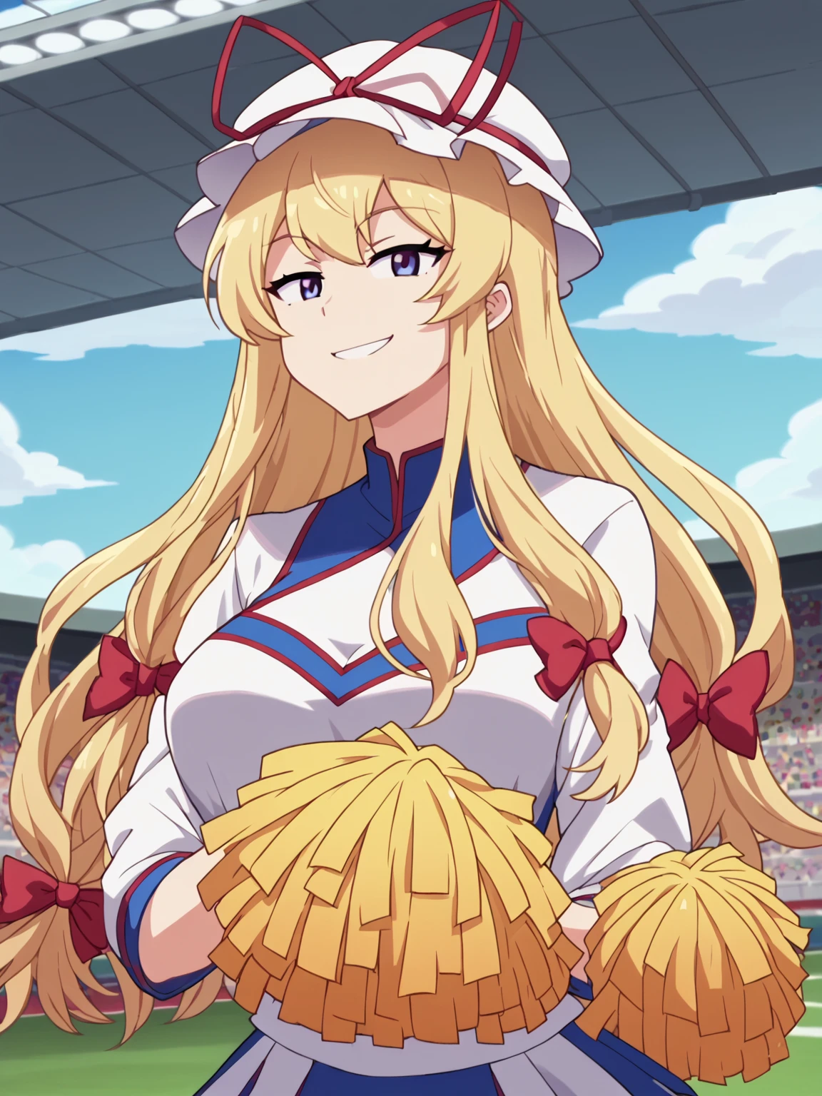 hard shadows, anime screencap, anime_core, score_9, score_8_up, score_7_up, anime screencap, 1girl, <lora:YakumoYukariV4:1> THYukari, mob cap, long blonde hair, hair ribbon, cheerleader uniform, <lora:Fizintine_Art_Style_Pony_DIffusion:1> by fizintine, smile
